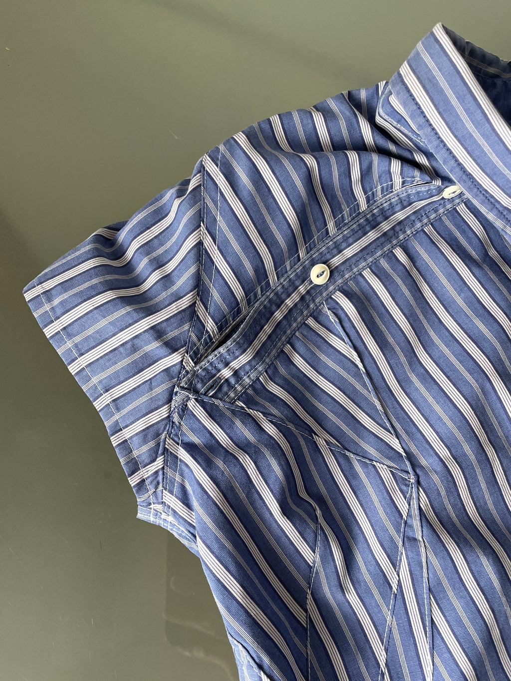 reworked striped double button up asymetrical fitted shirt