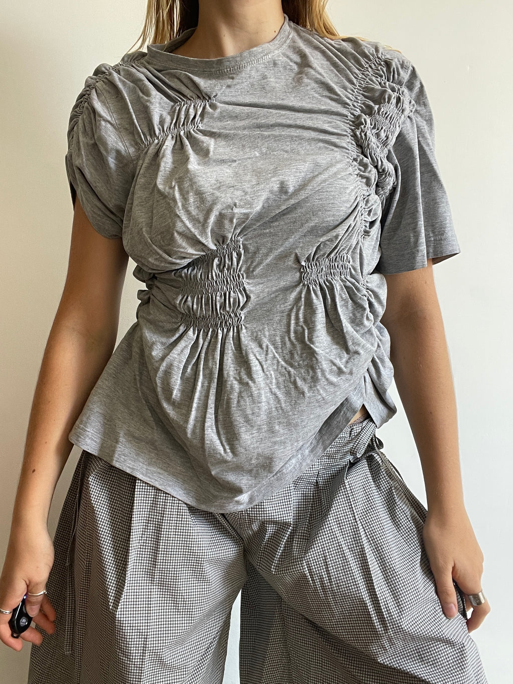 reworked grey tee with ruched slinky gathered details