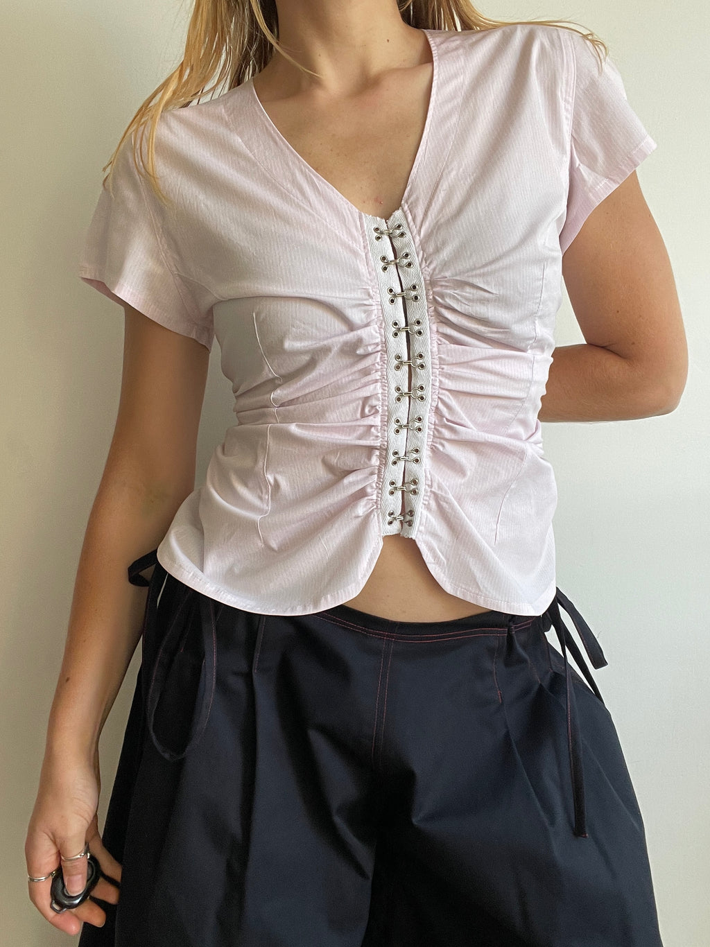 handmade ruched hook and eye pink pinstripe blouse
