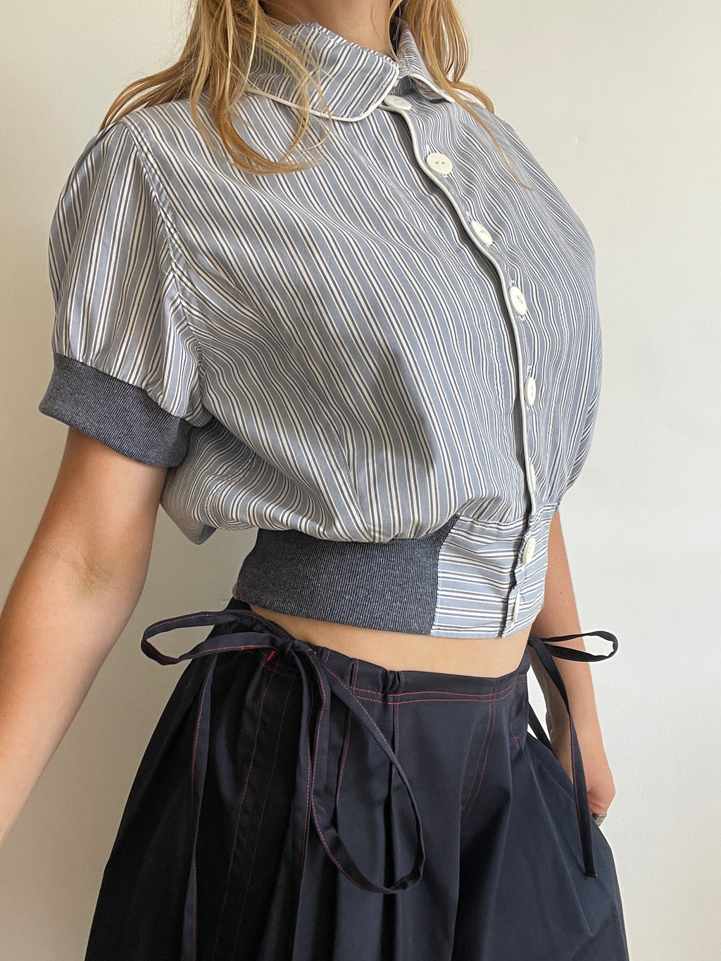 cropped pinstripe button up jacket with collar (lined)