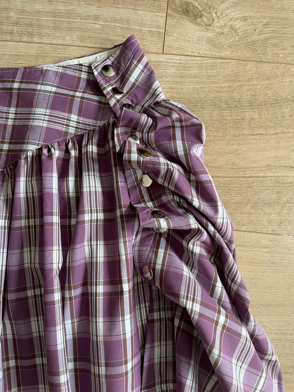 handmade metal popper button purple plaid gathered skirt