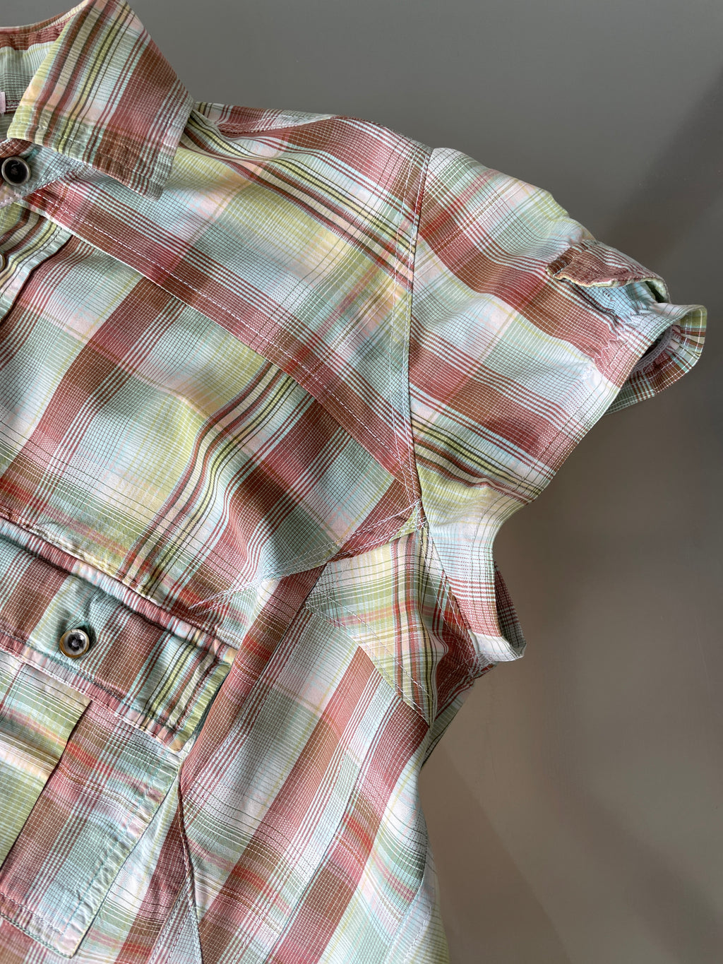 reworked pastel button up asymetrical shirt