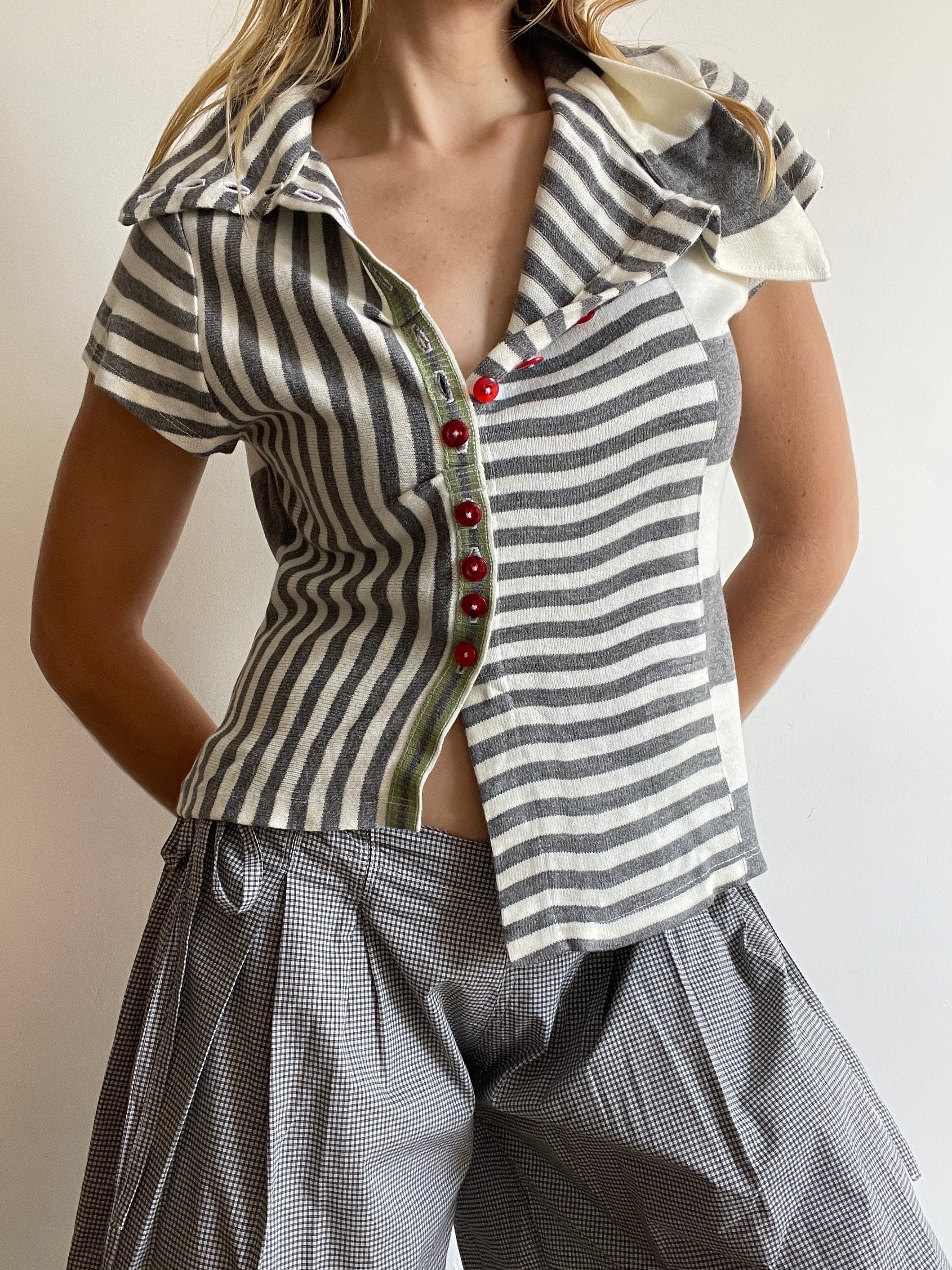 handmade contrast stripe red button up short sleeve cardigan