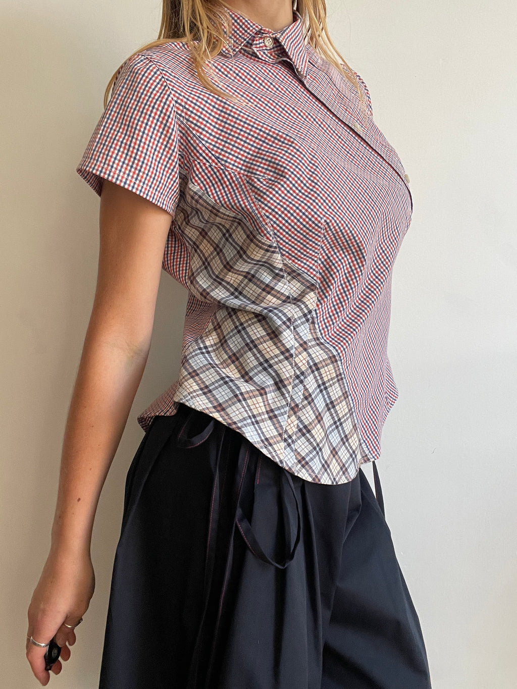 reworked patchwork gingham check blouse
