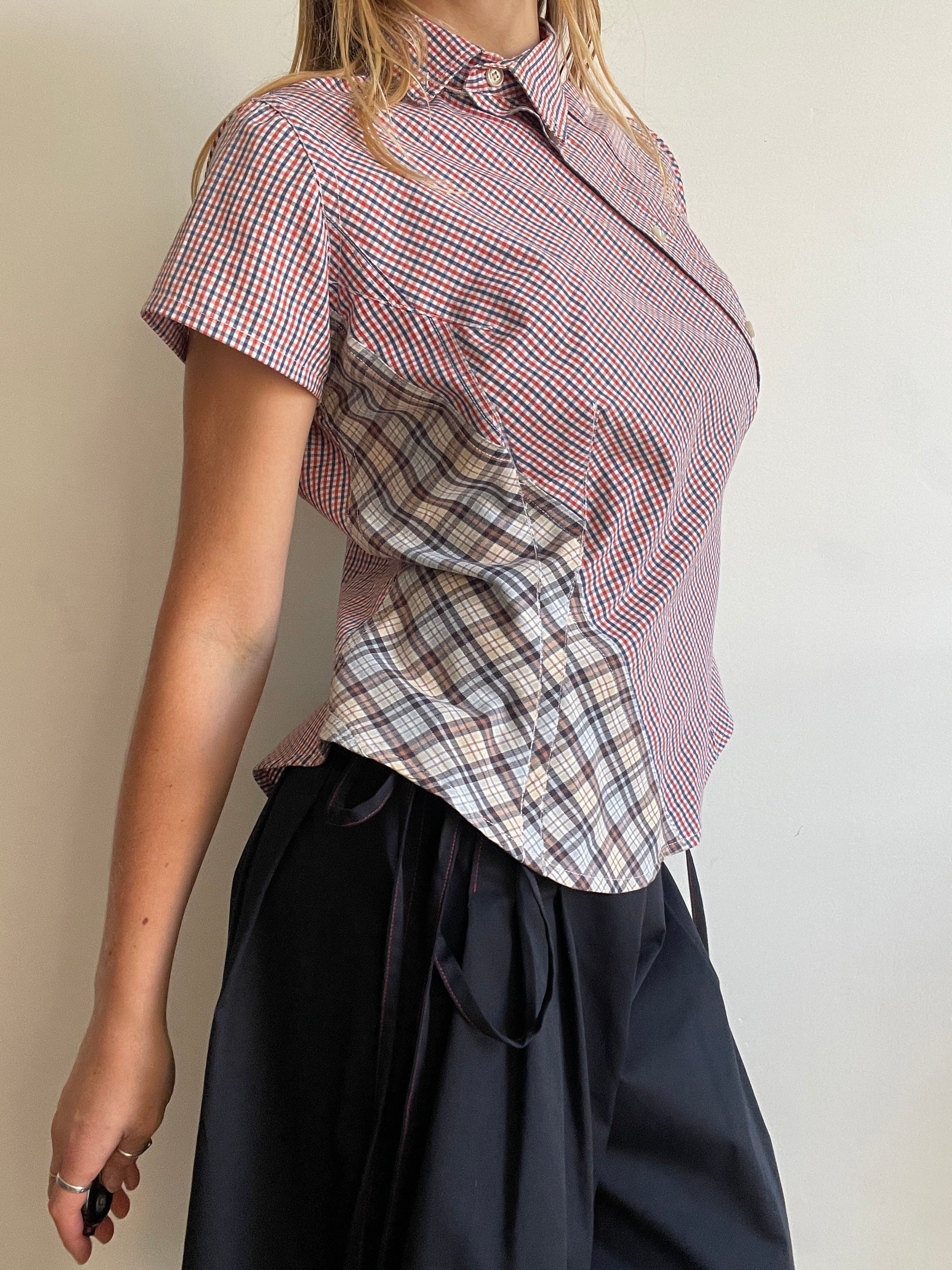 reworked patchwork gingham check blouse