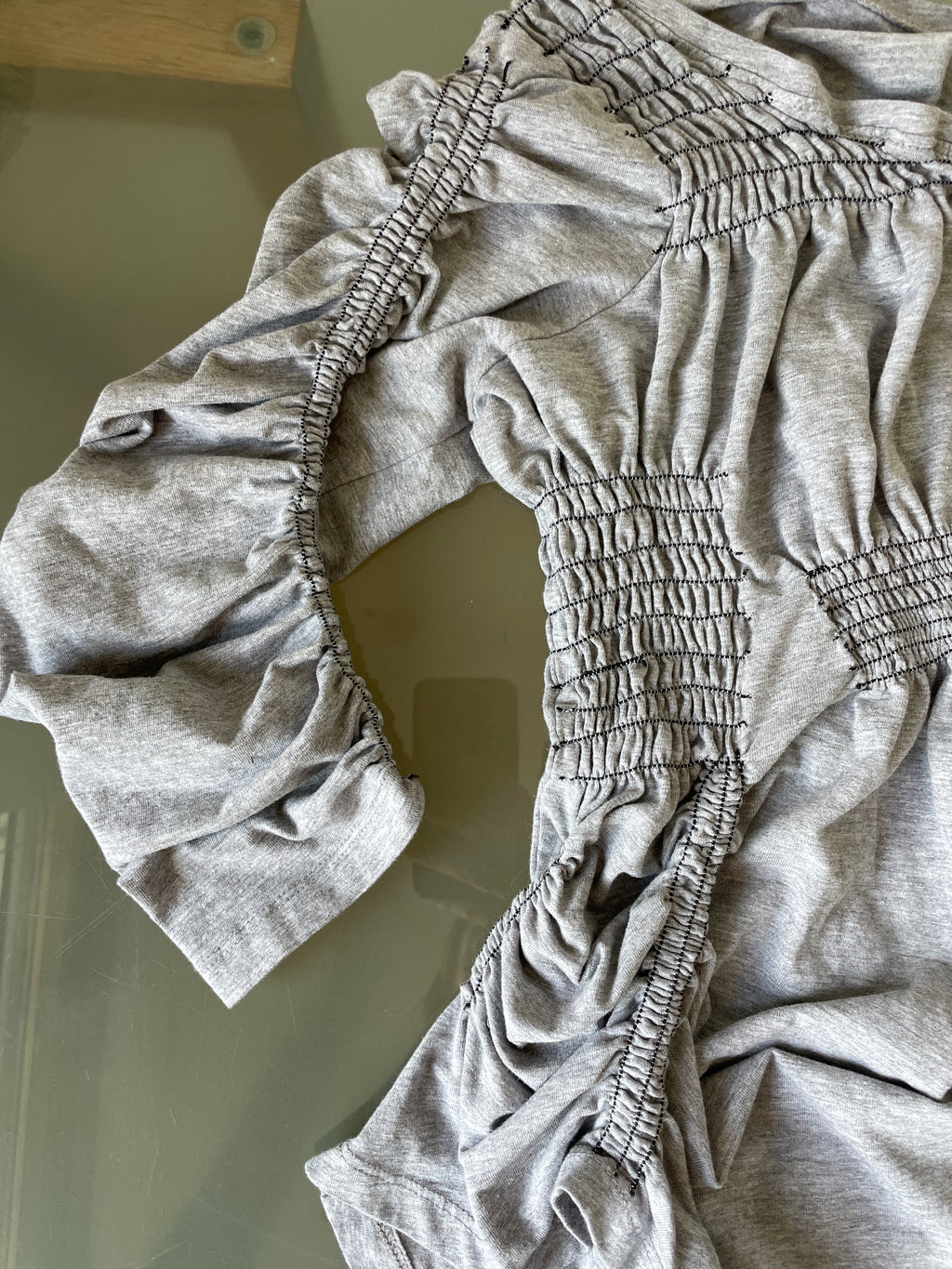 reworked 3/4 sleeve ruched slinky grey t shirt