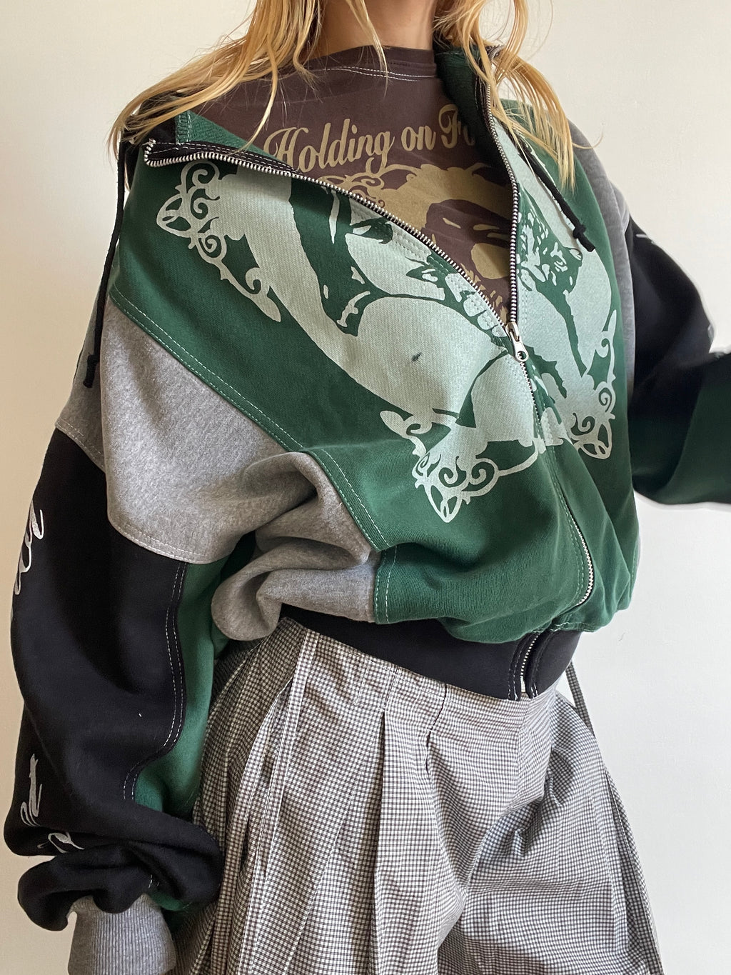 screen printed panelled cat girl zip up hoodie