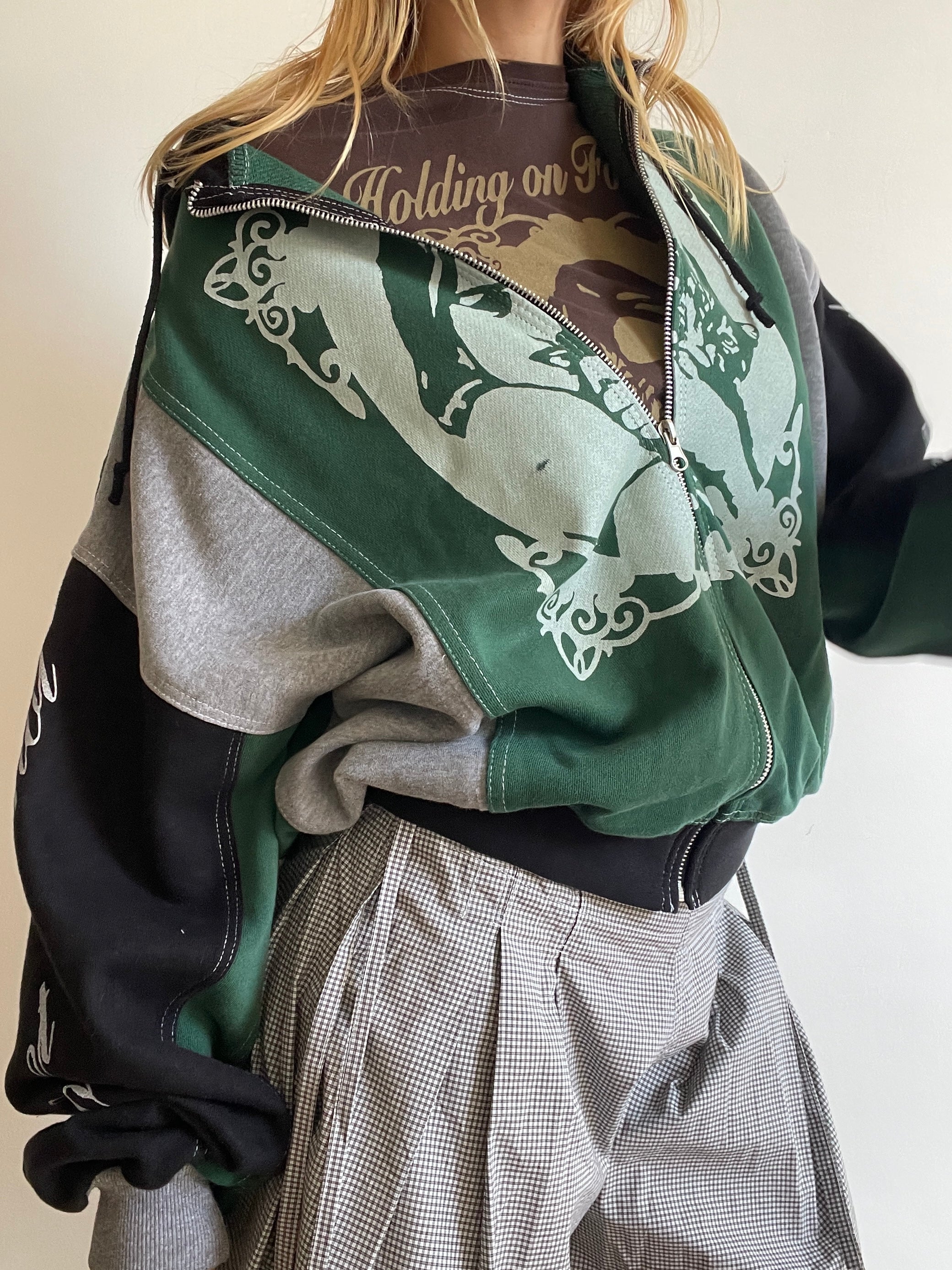 screen printed panelled cat girl zip up hoodie