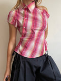 reworked pink sunset check asymmetrical shirt