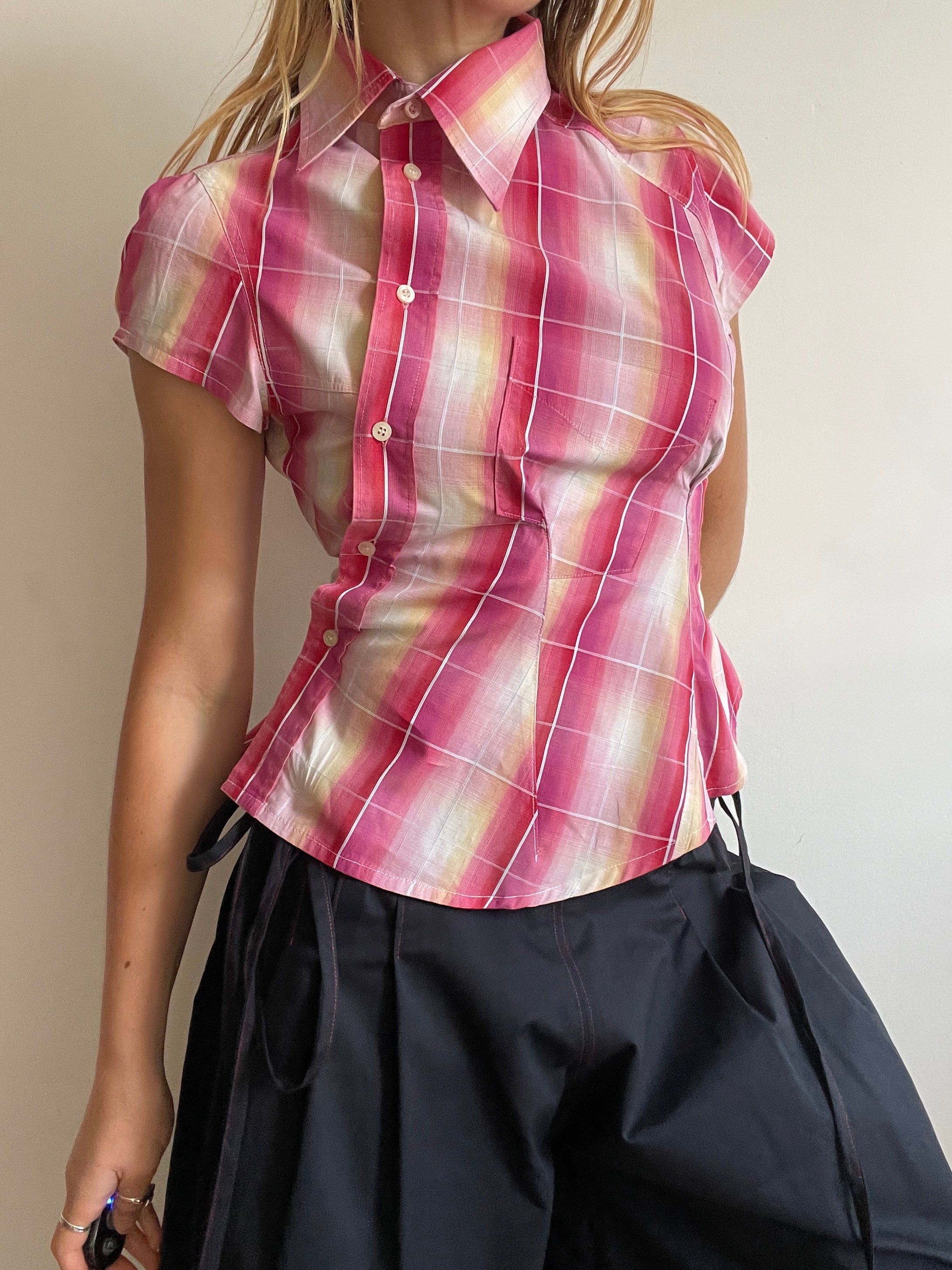 reworked pink sunset check asymmetrical shirt
