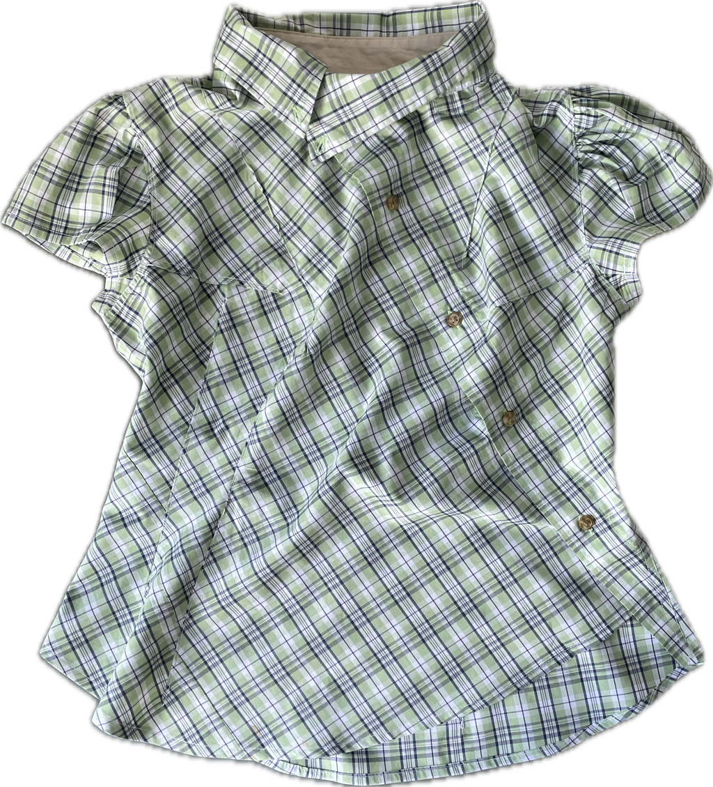 reworked green beige check puffed sleeve fitted blouse