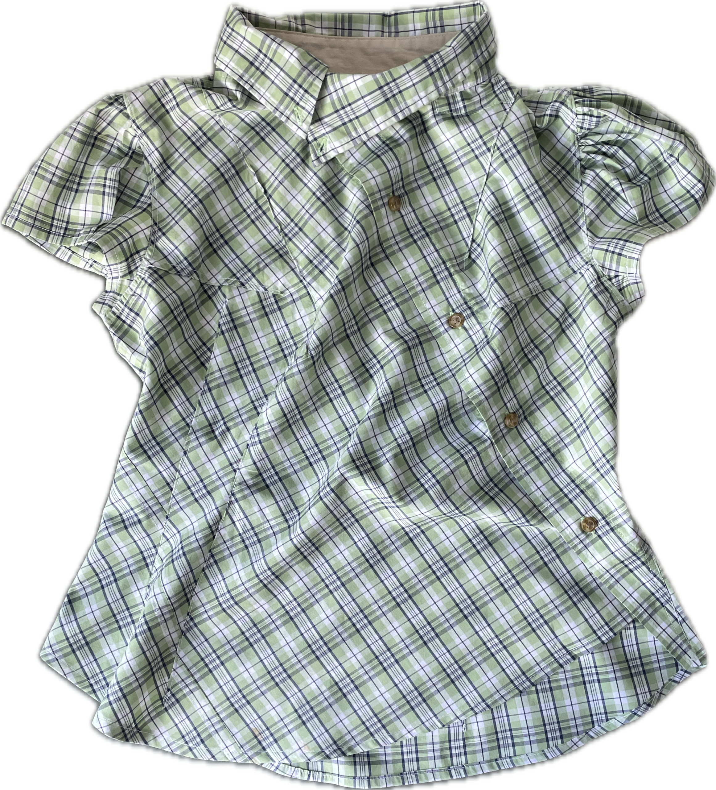 reworked green beige check puffed sleeve fitted blouse