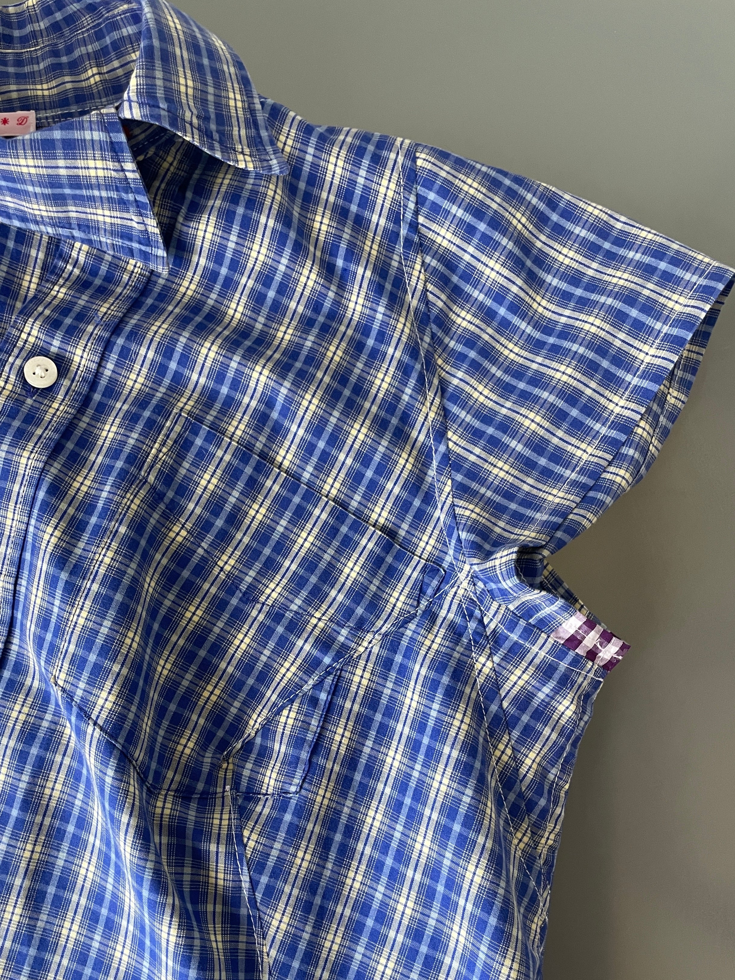 reworked blue yellow tartan asymetrical fitted shirt