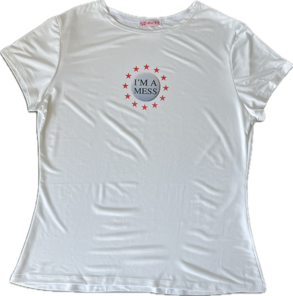 handmade slinky witty badge slogan mess baby tee