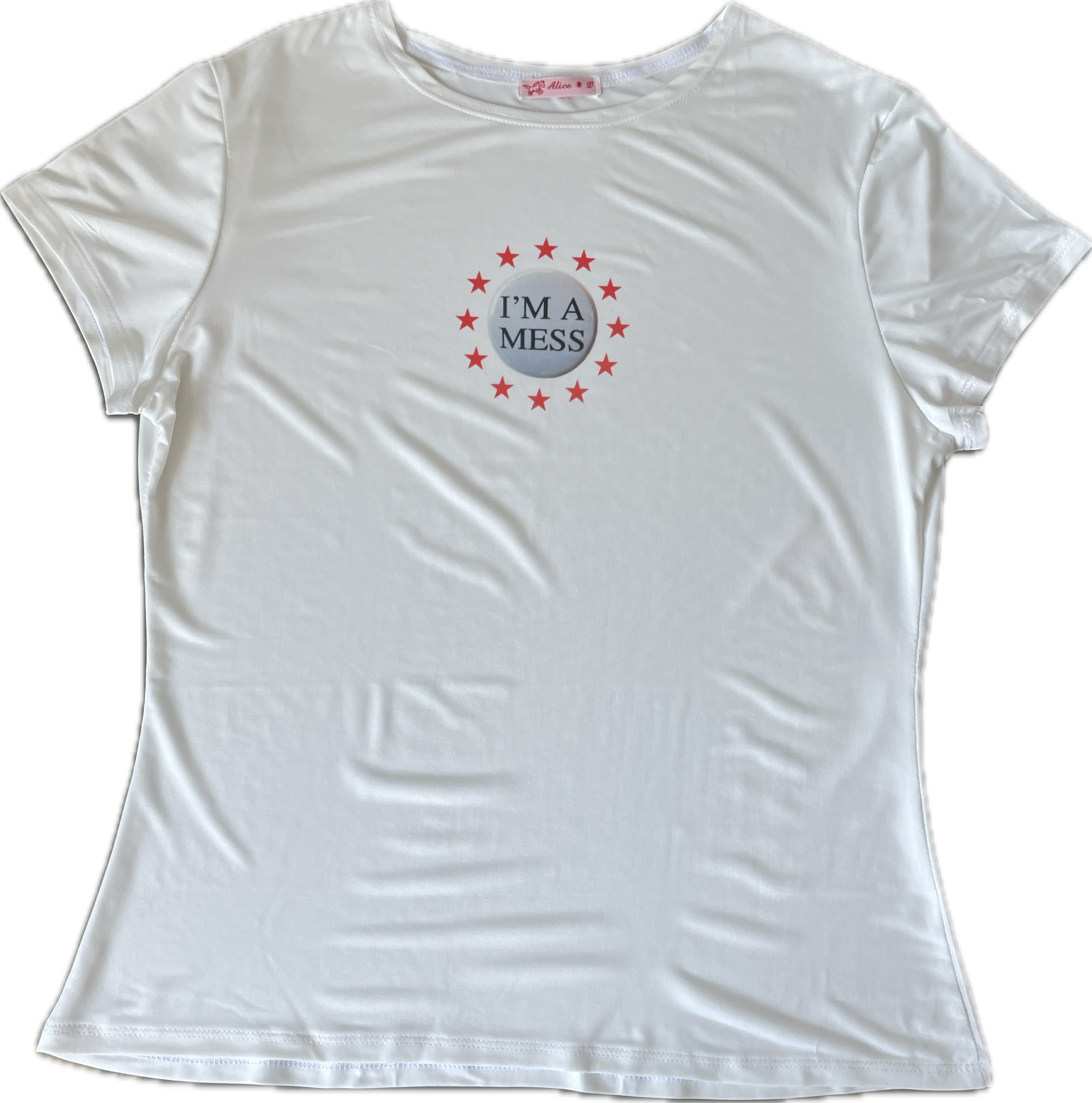 handmade slinky witty badge slogan mess baby tee