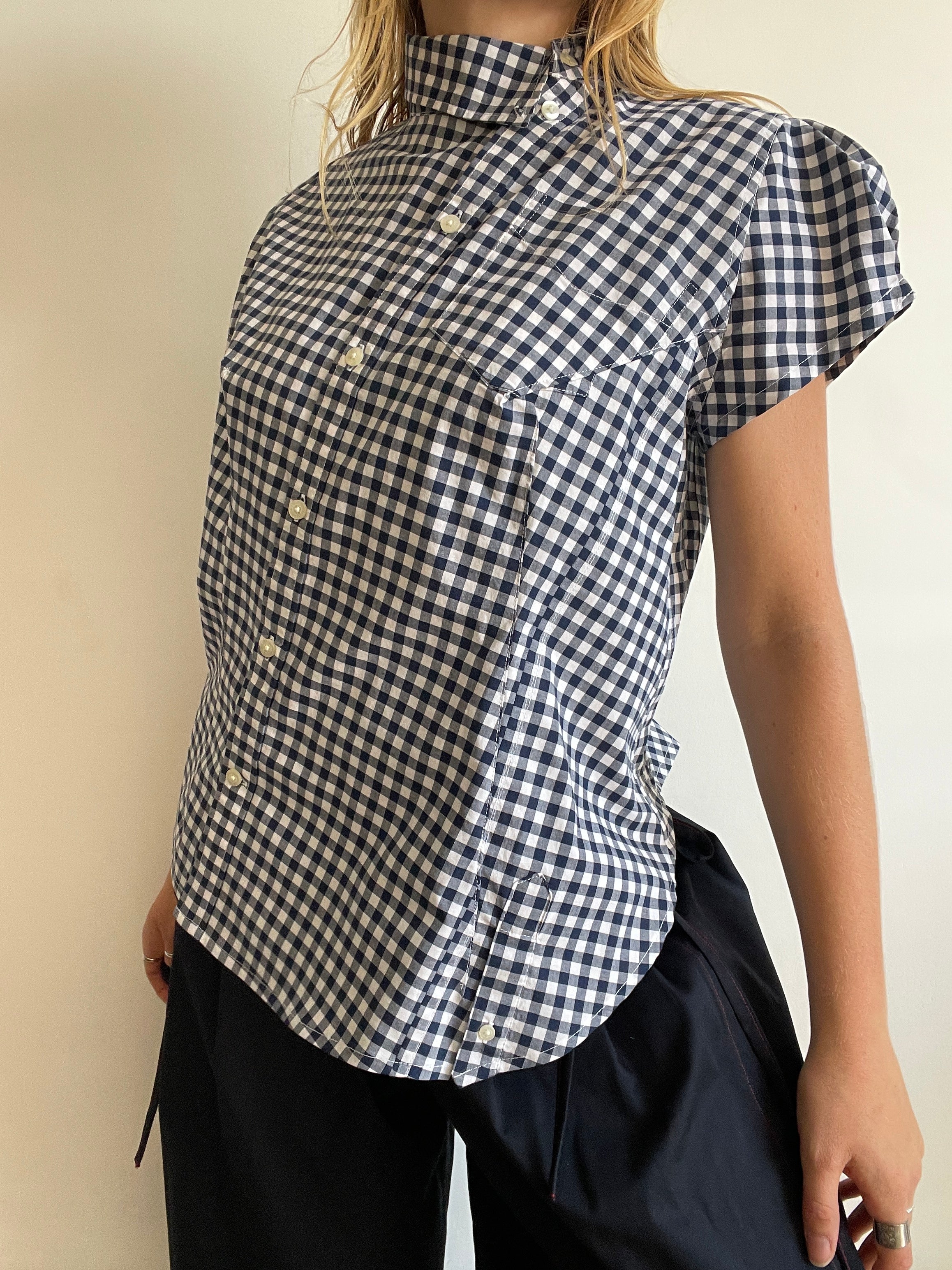 reworked asymetrical blue gingham fitted shirt
