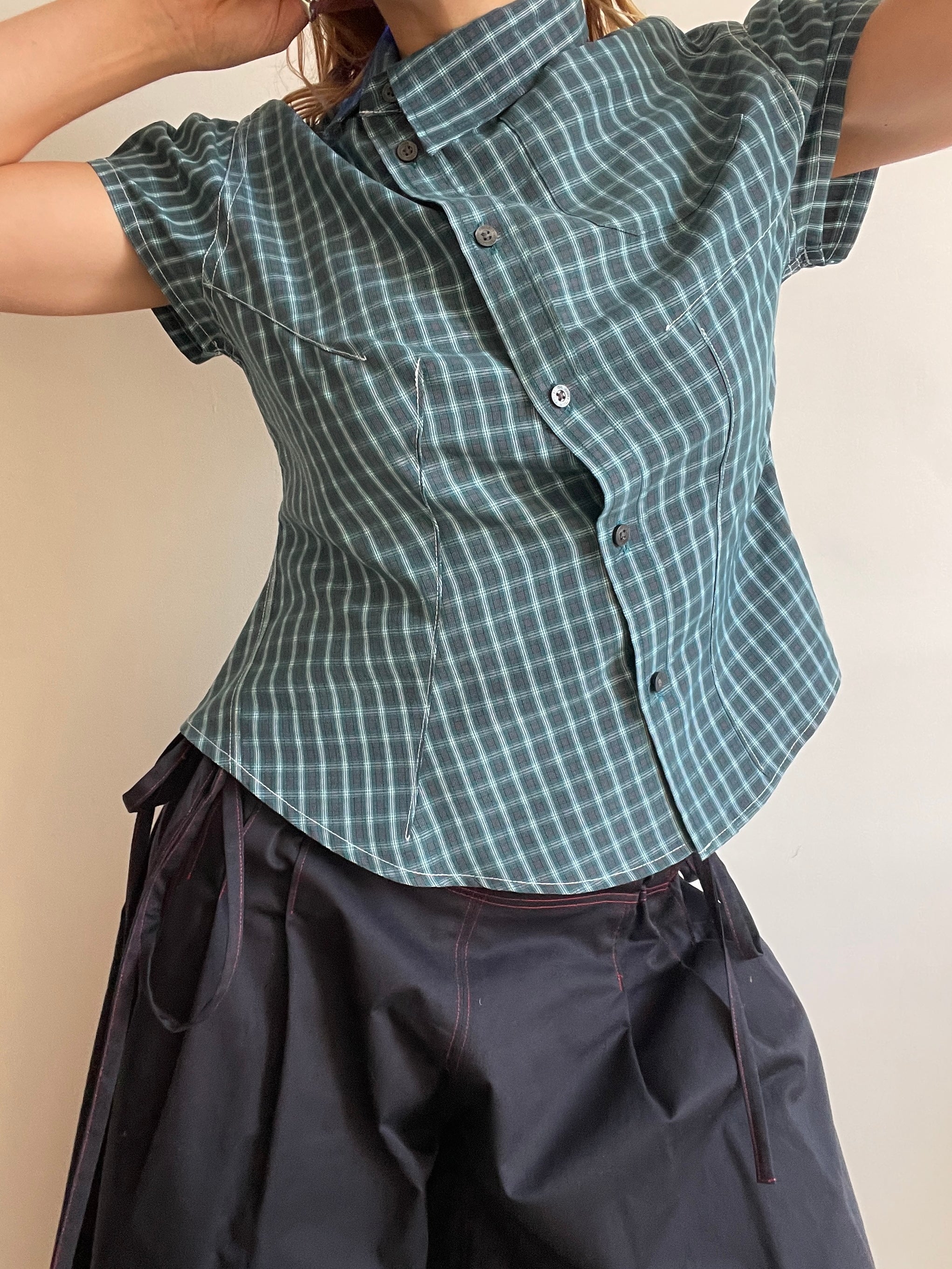 reworked green check asymmetrical button up shirt