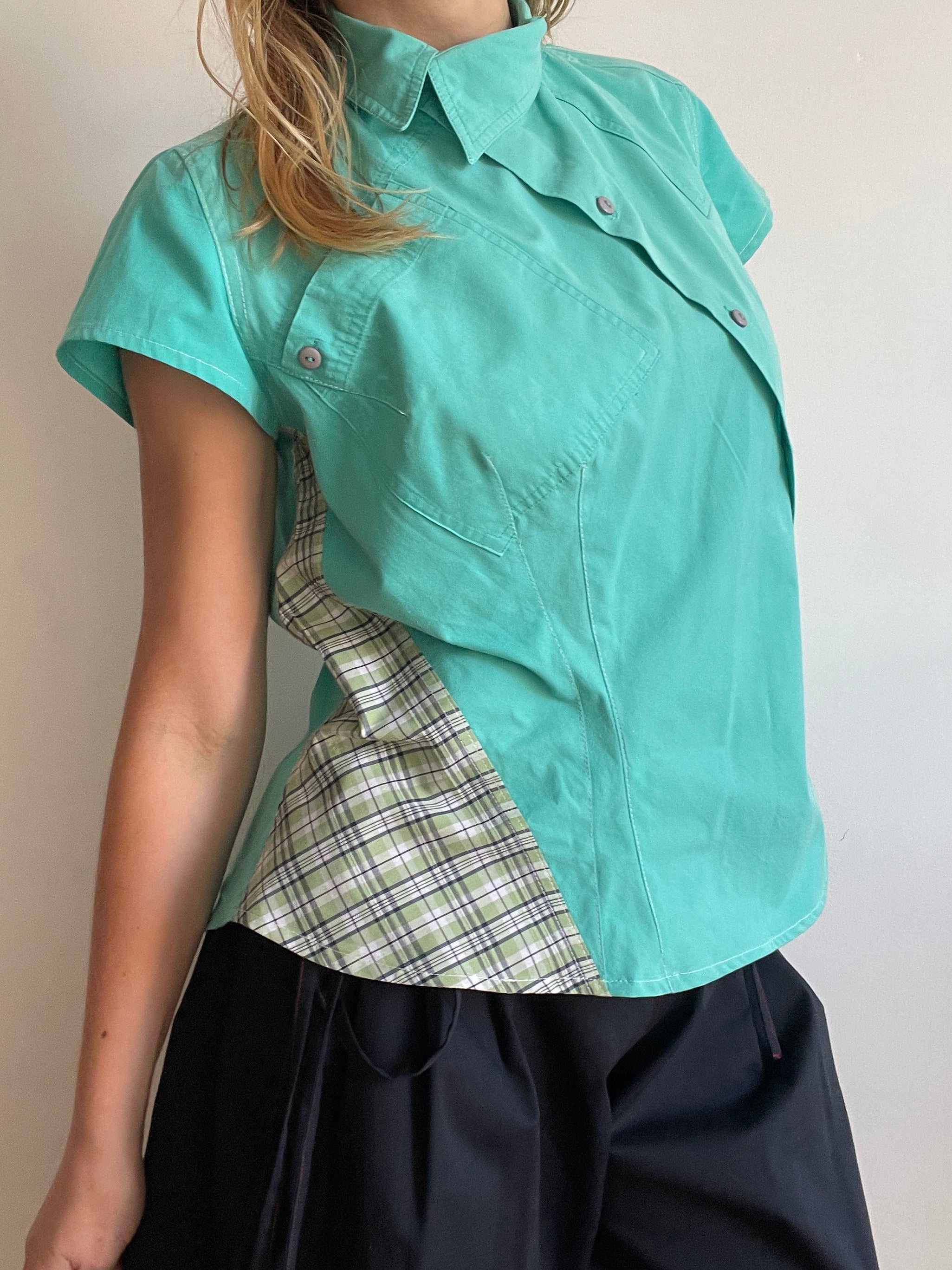 reworked mint patchwork asymmetrical blouse