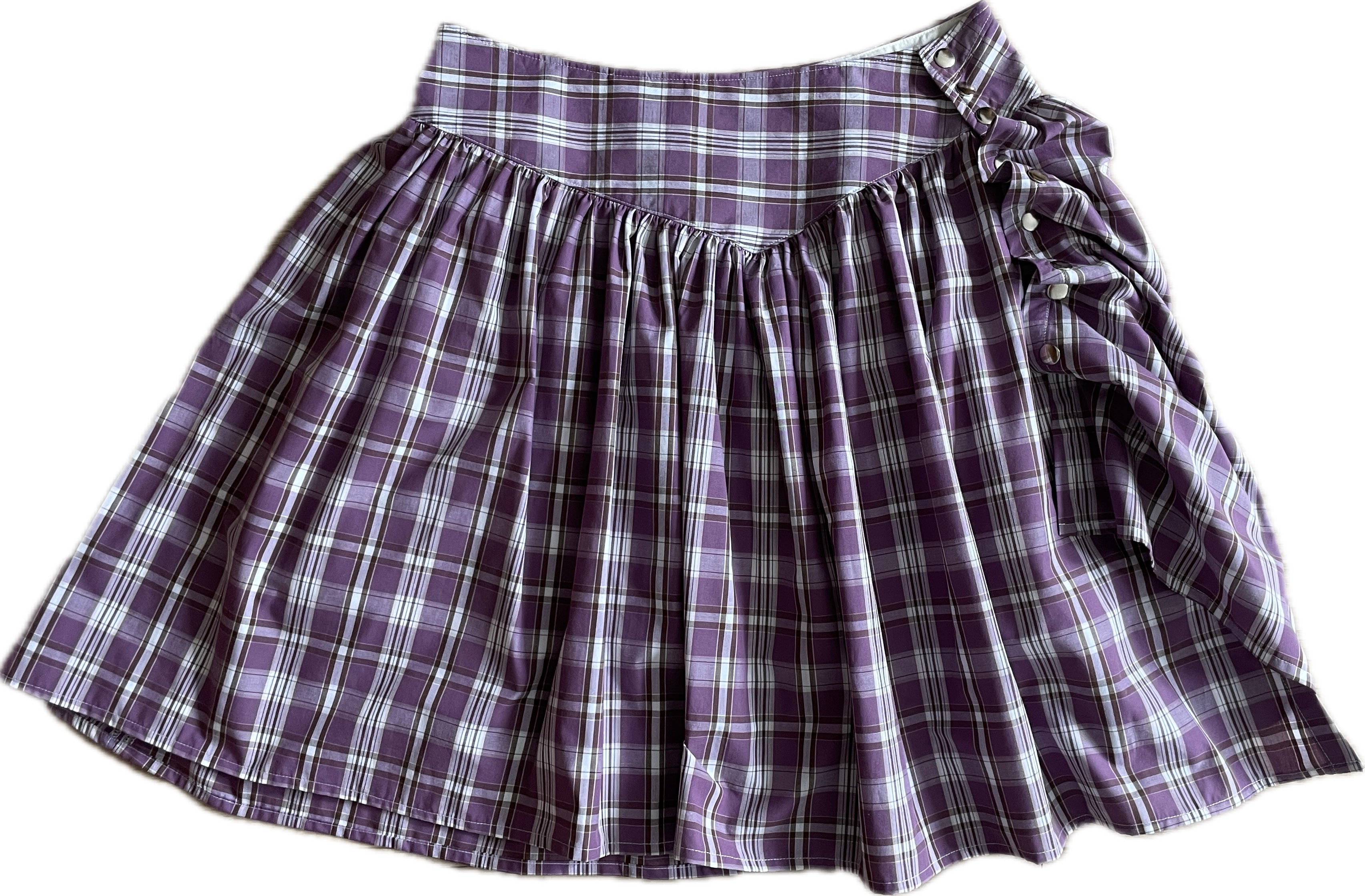 handmade metal popper button purple plaid gathered skirt