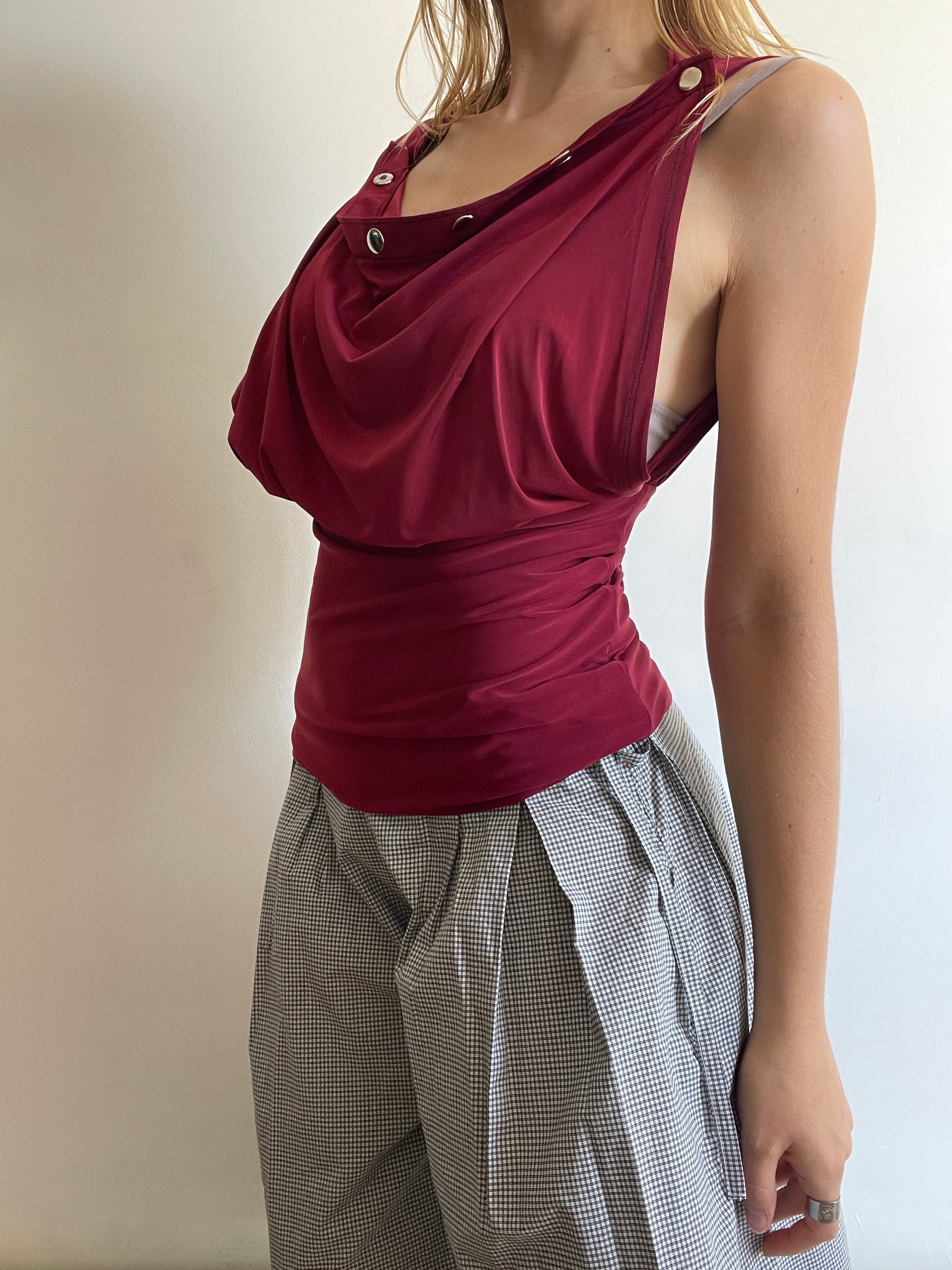 handmade wine red silver popper off shoulder multiwear top
