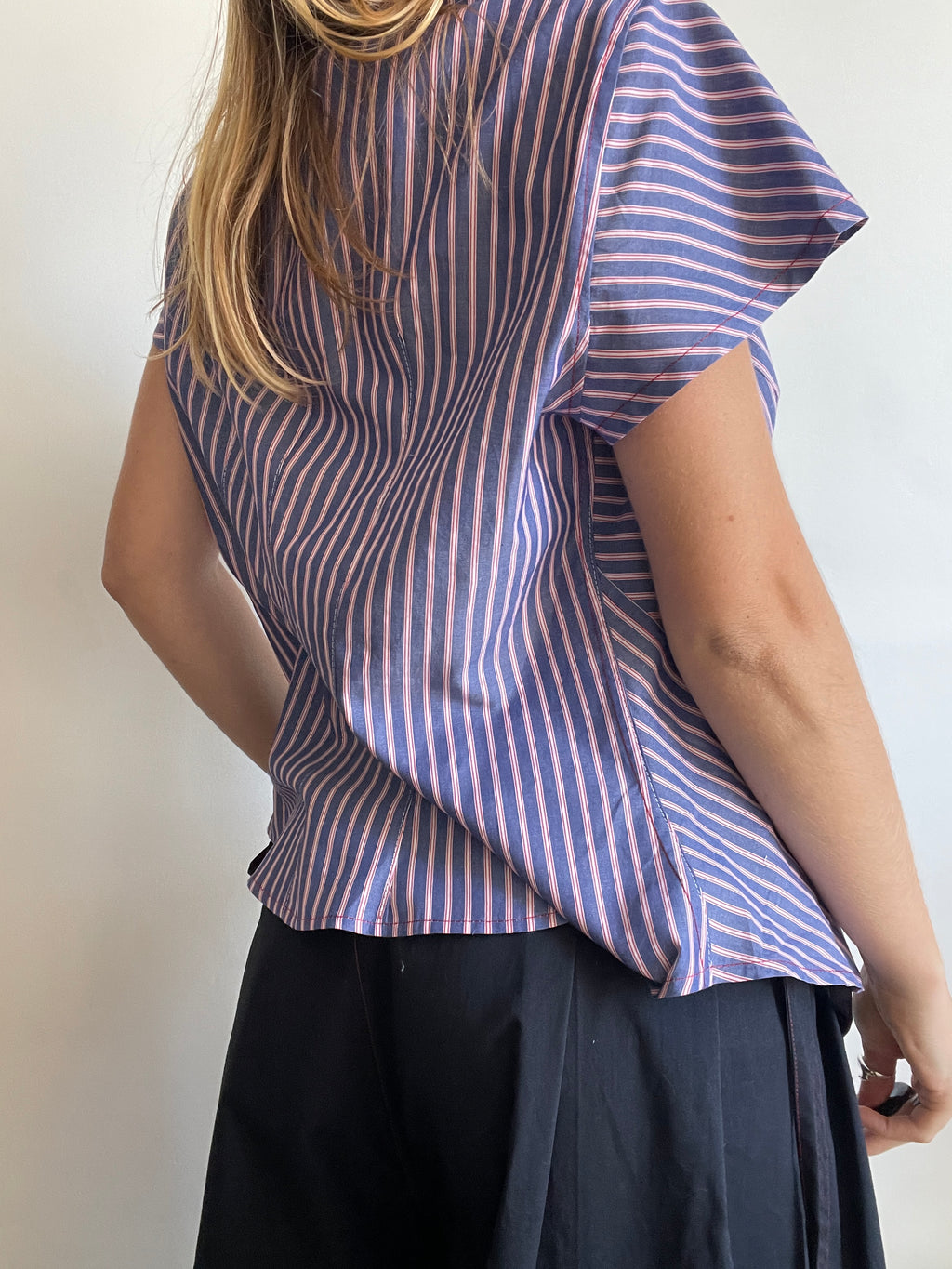 reworked striped pocket button up asymetrical shirt
