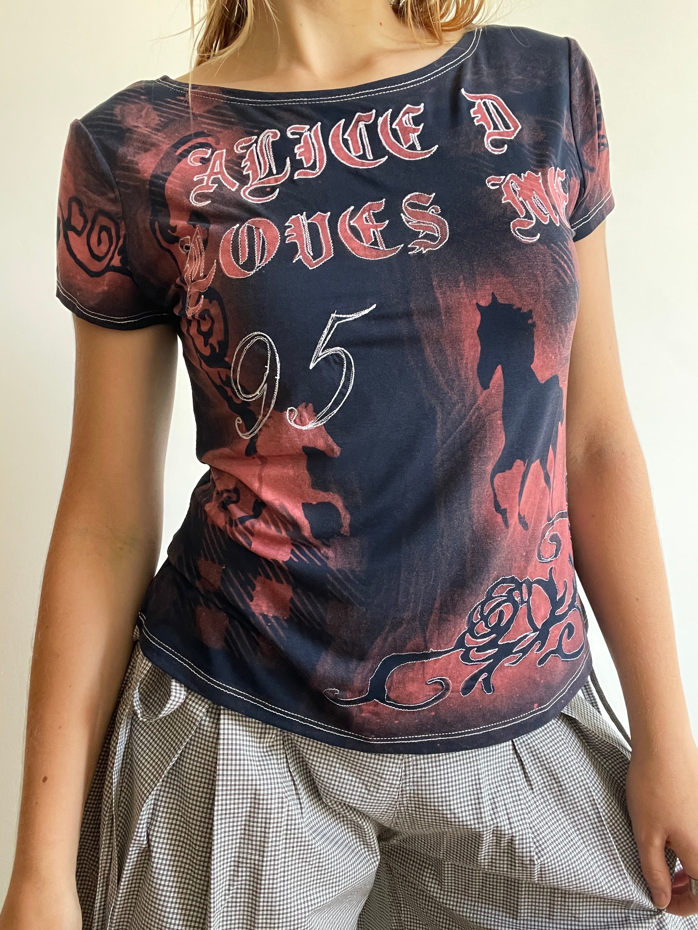 handmade bleach stencil embroidered horse baby tee