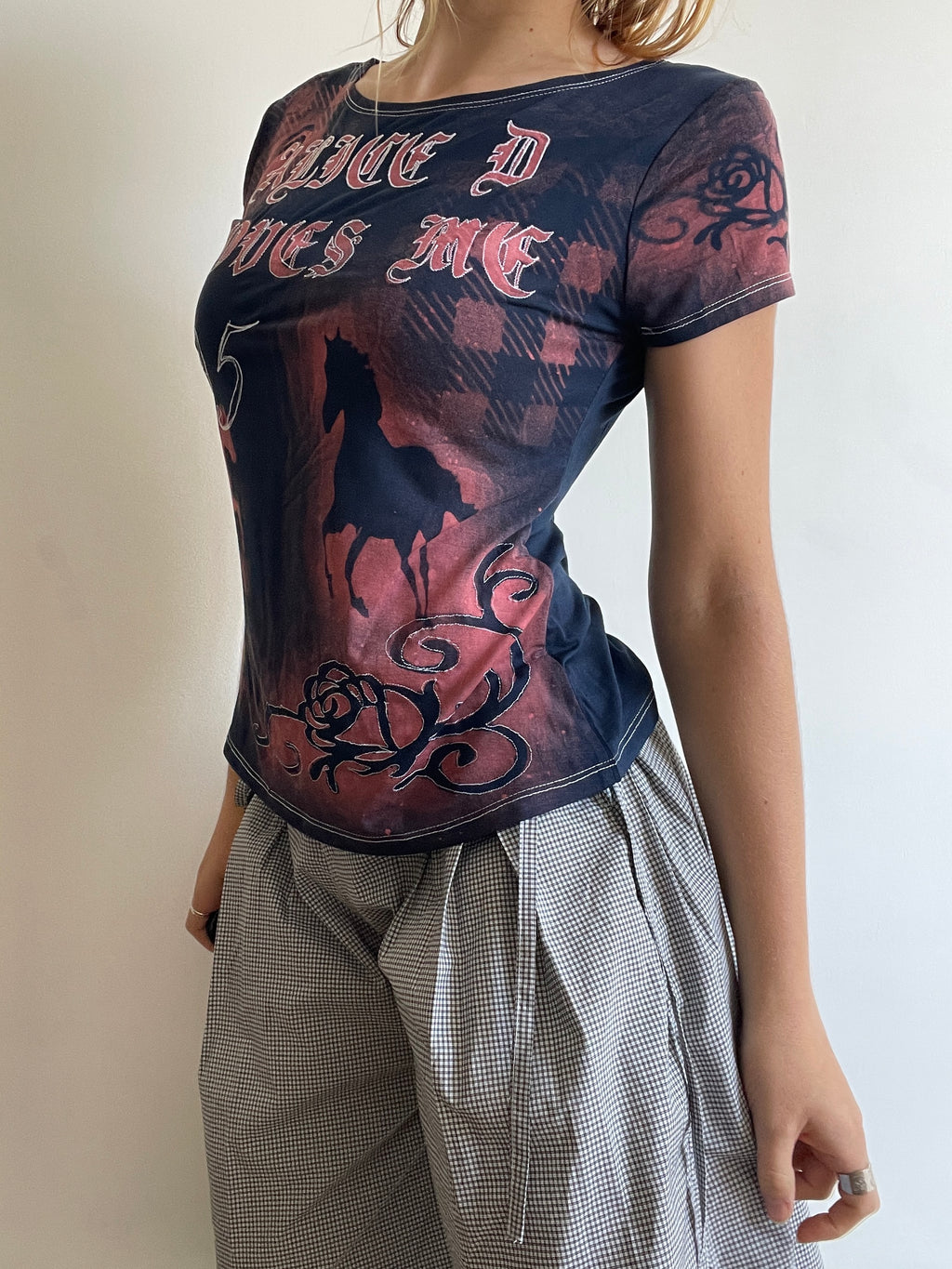 handmade bleach stencil embroidered horse baby tee