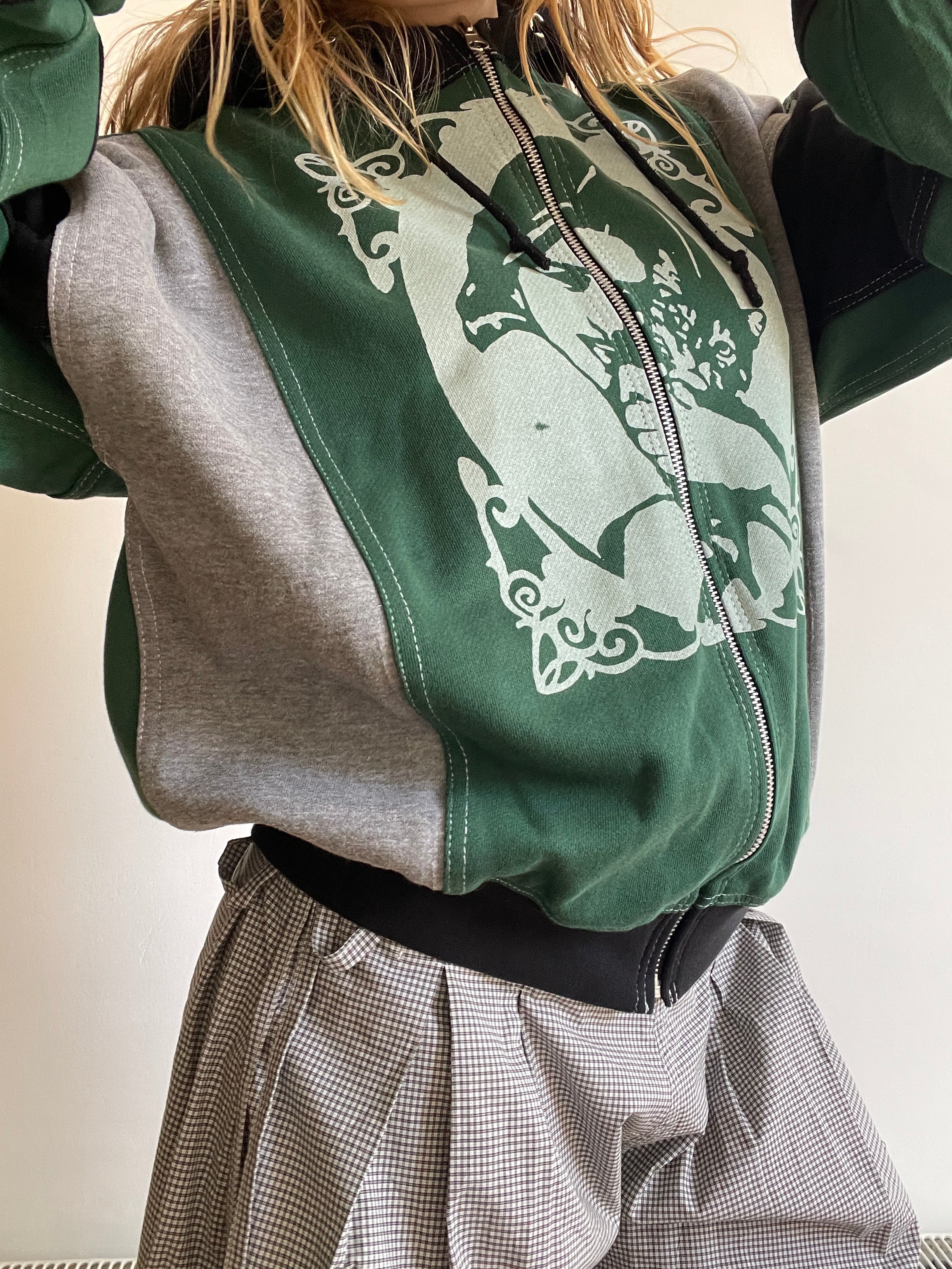 screen printed panelled cat girl zip up hoodie