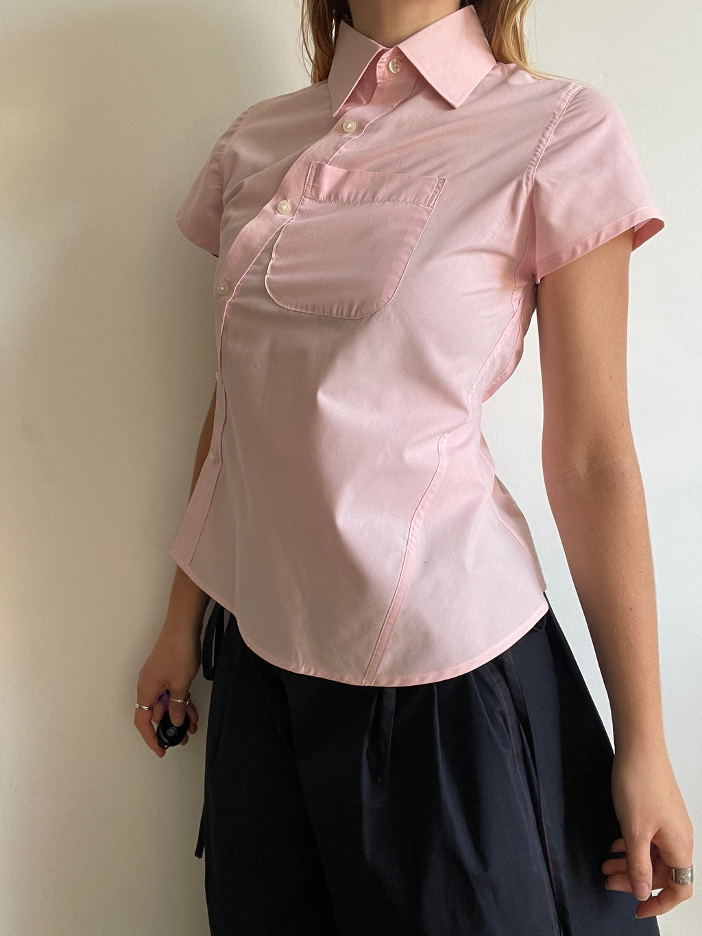 reworked tie back asymmetrical baby pink blouse