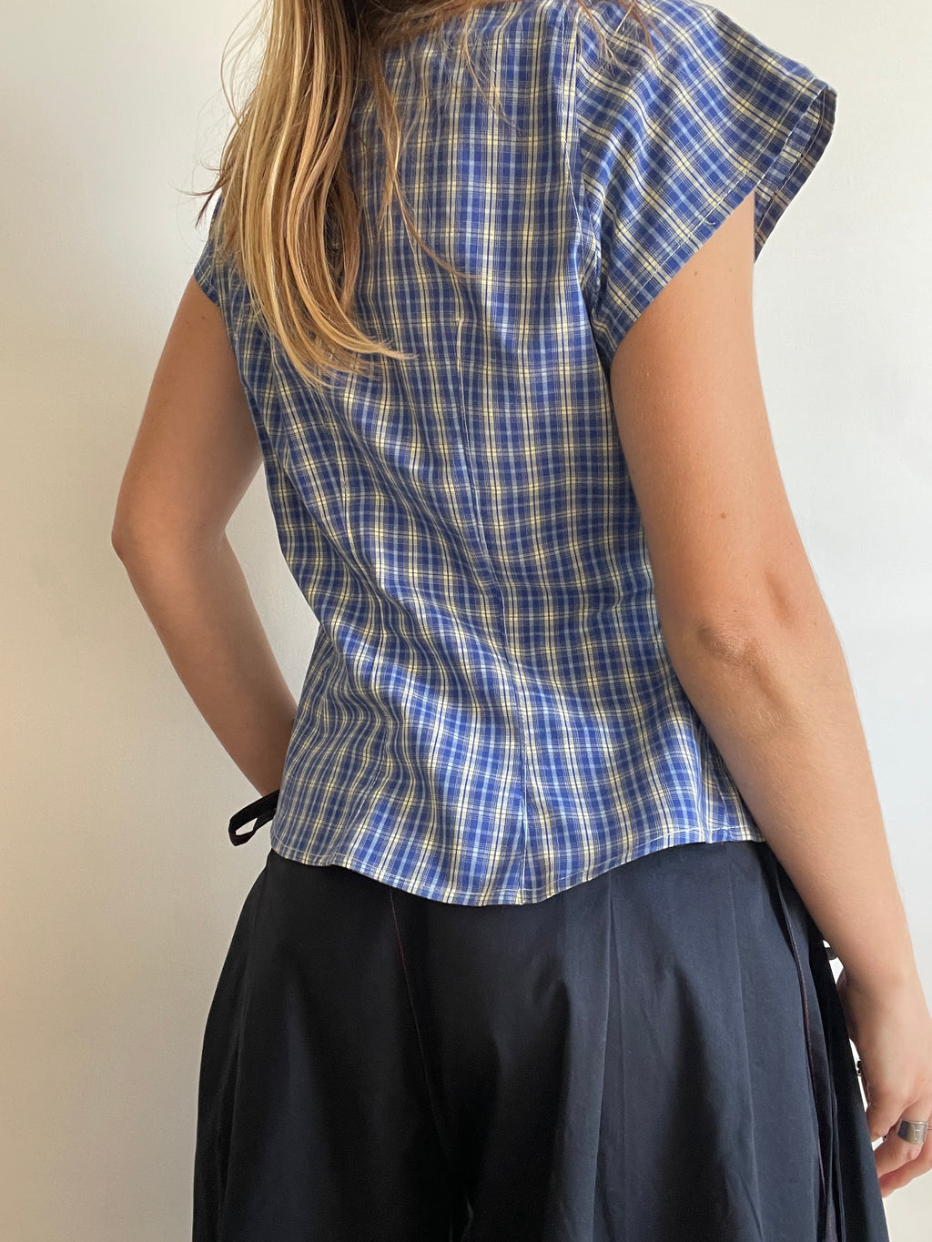 reworked blue yellow tartan asymetrical fitted shirt