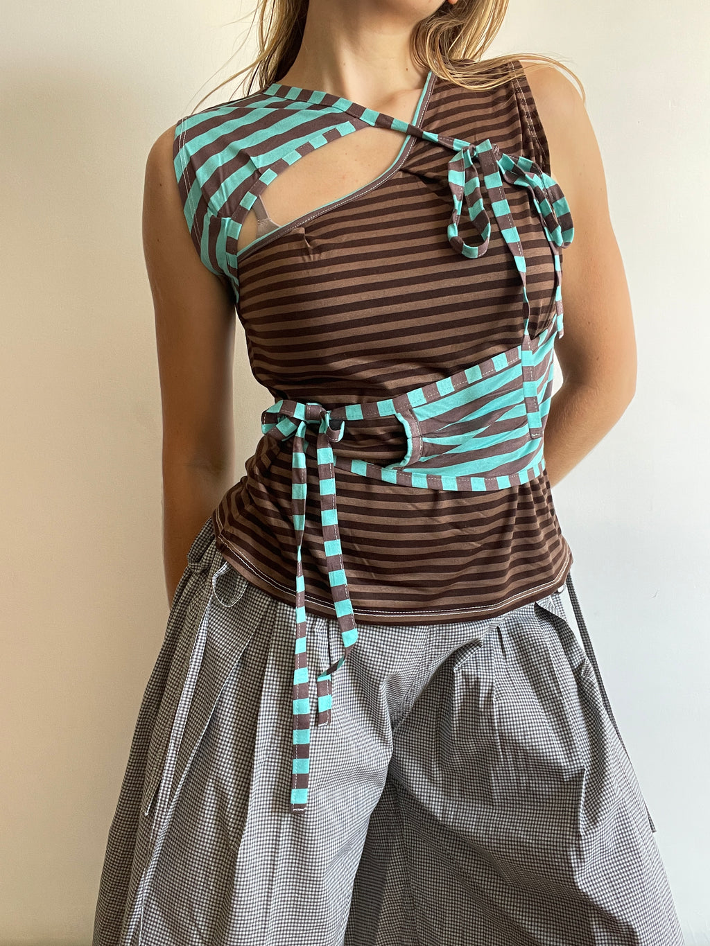 handmade ballet style tie up contrast striped tank