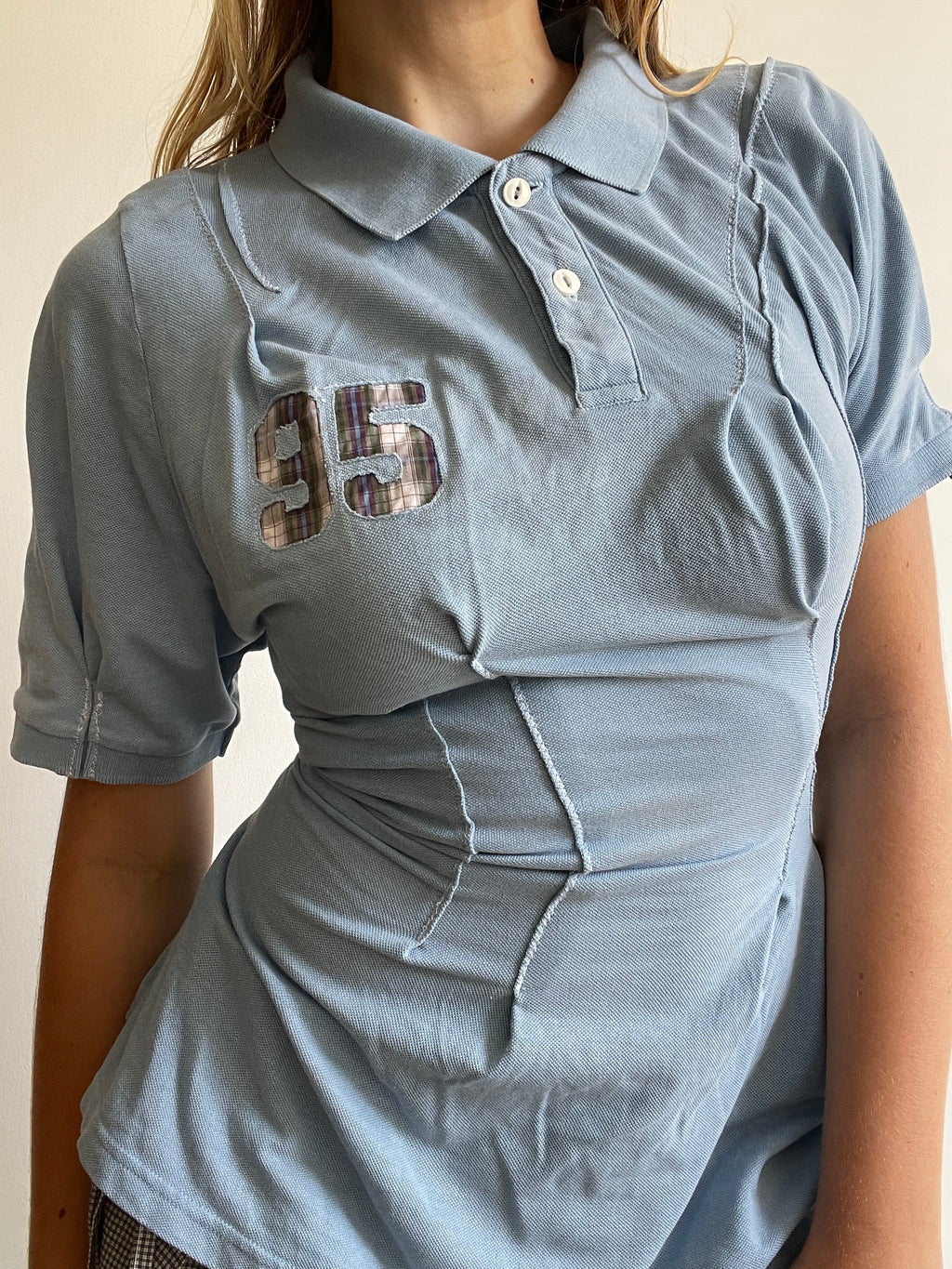 reworked baby blue sports number fitted polo shirt