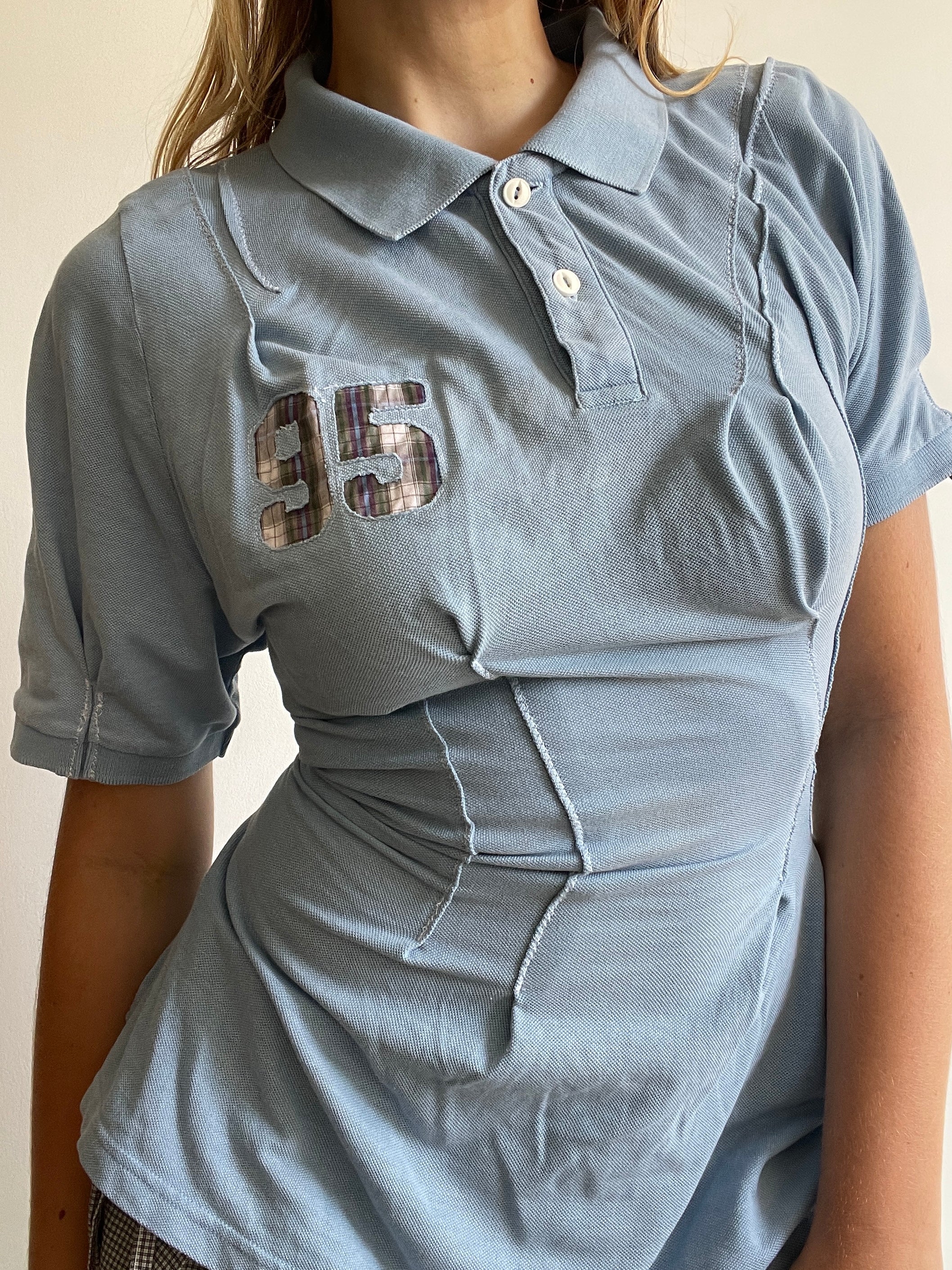 reworked baby blue sports number fitted polo shirt
