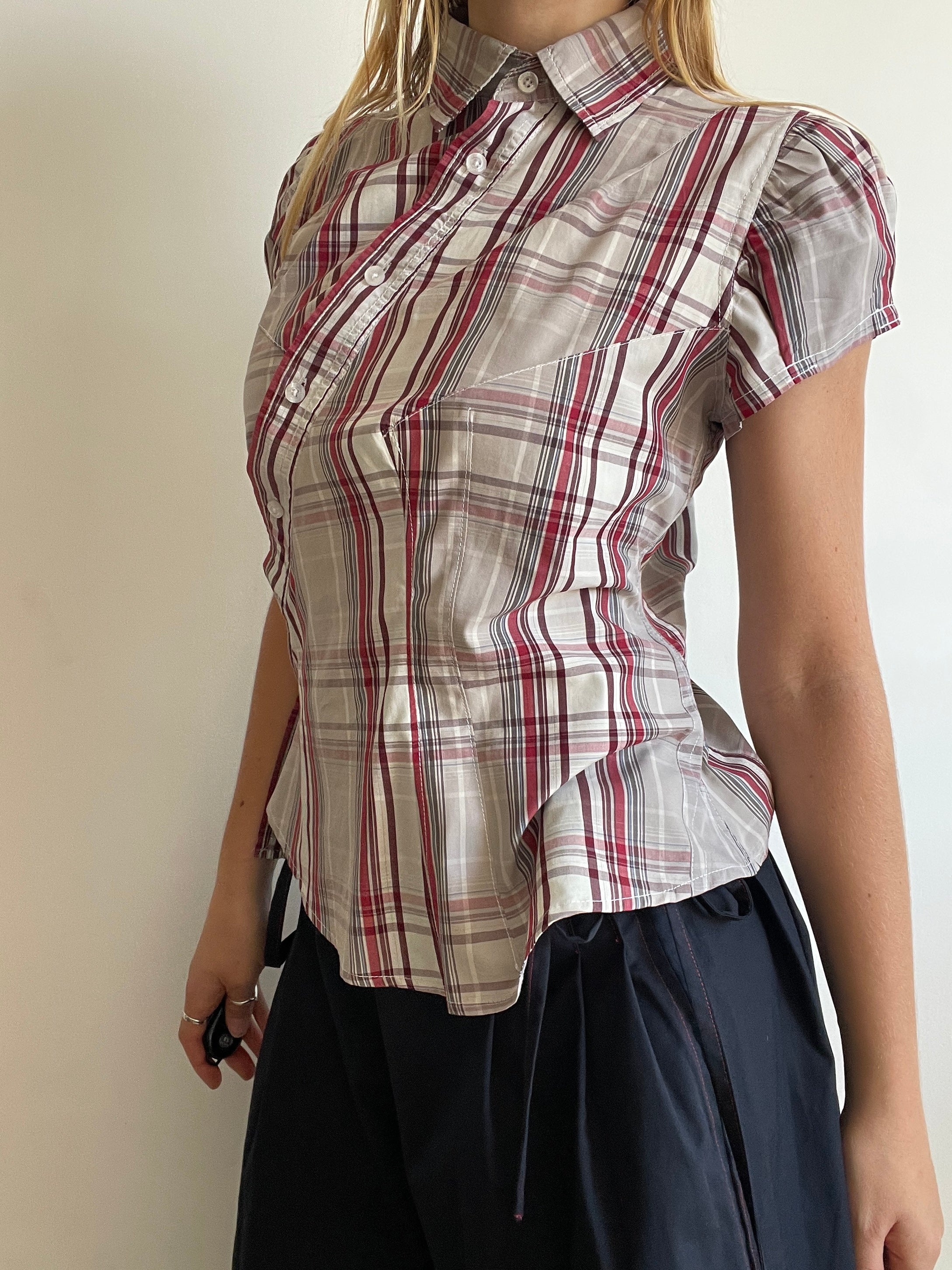 reworked asymetrical red beige checkered shirt
