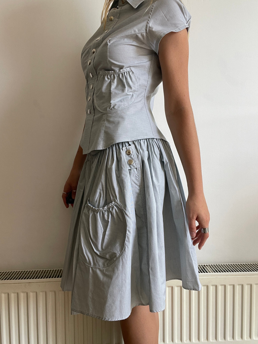 handmade matching set swishy asymmetrical skirt and pocket blouse