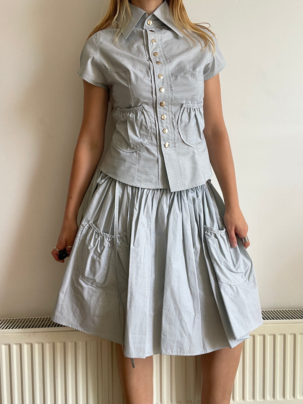 handmade matching set swishy asymmetrical skirt and pocket blouse