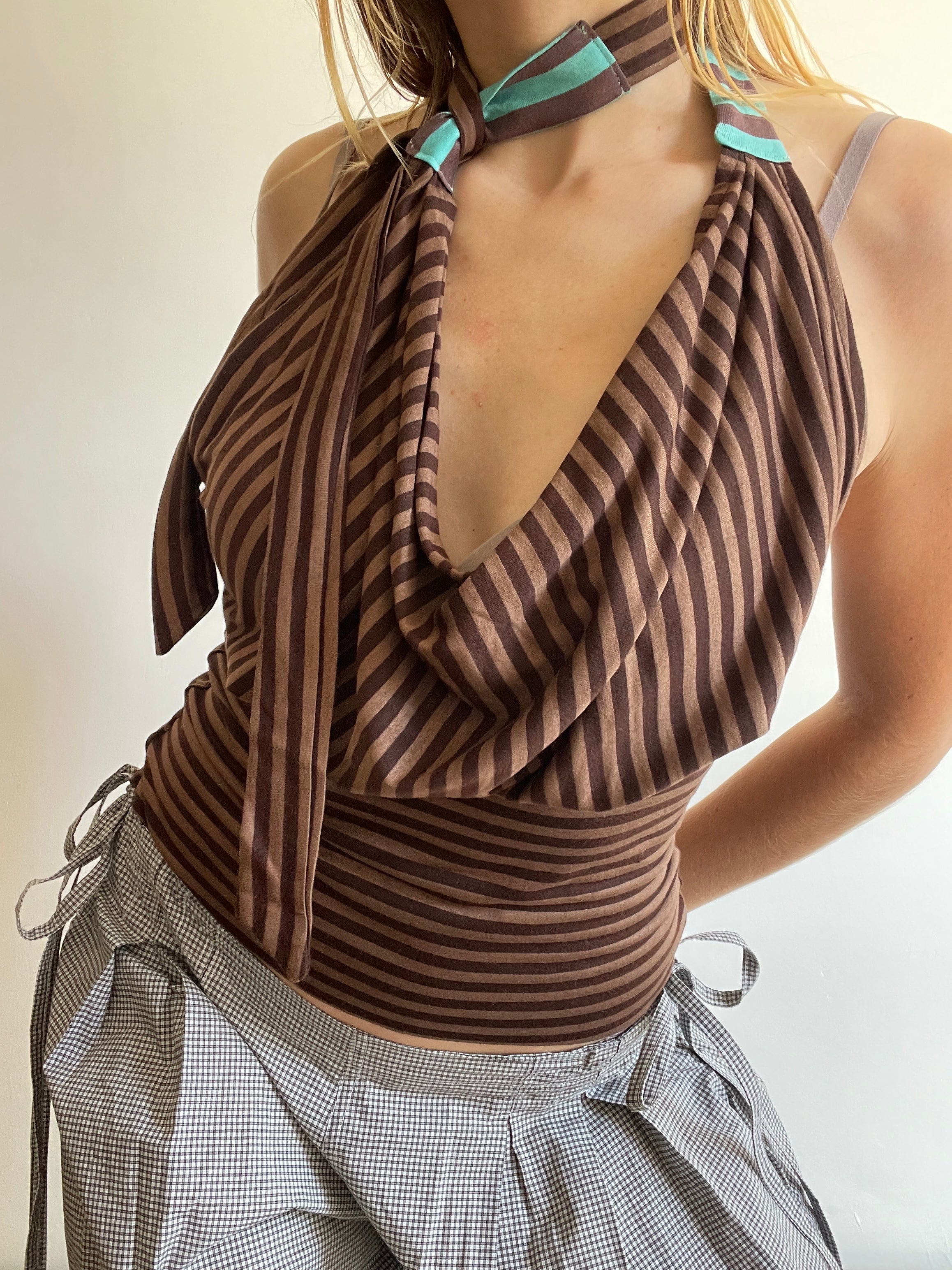 handmade brown stripe halterneck/ cowl neck with adjustable neck tie