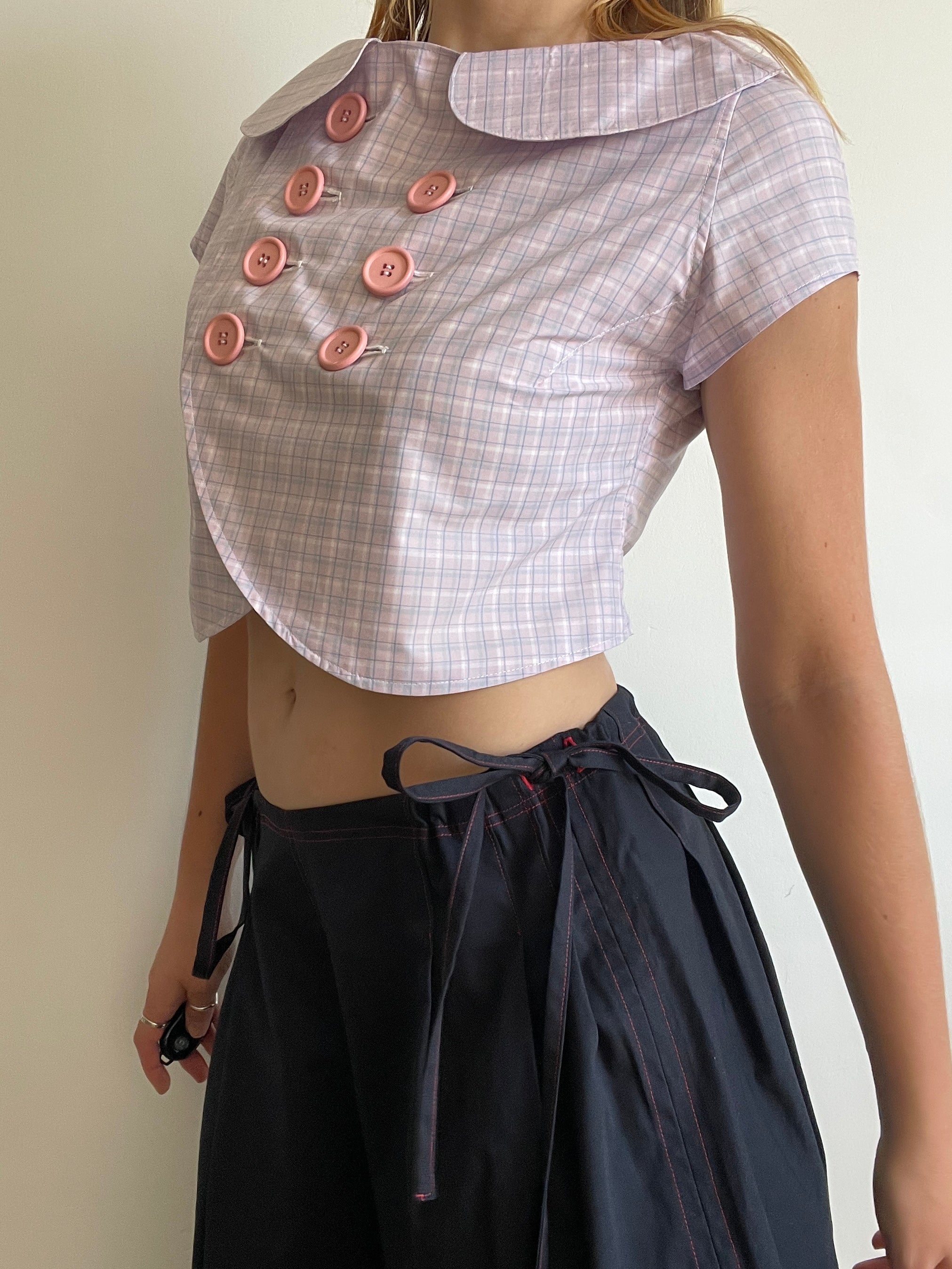 cute purple tartan double breast crop petit coat