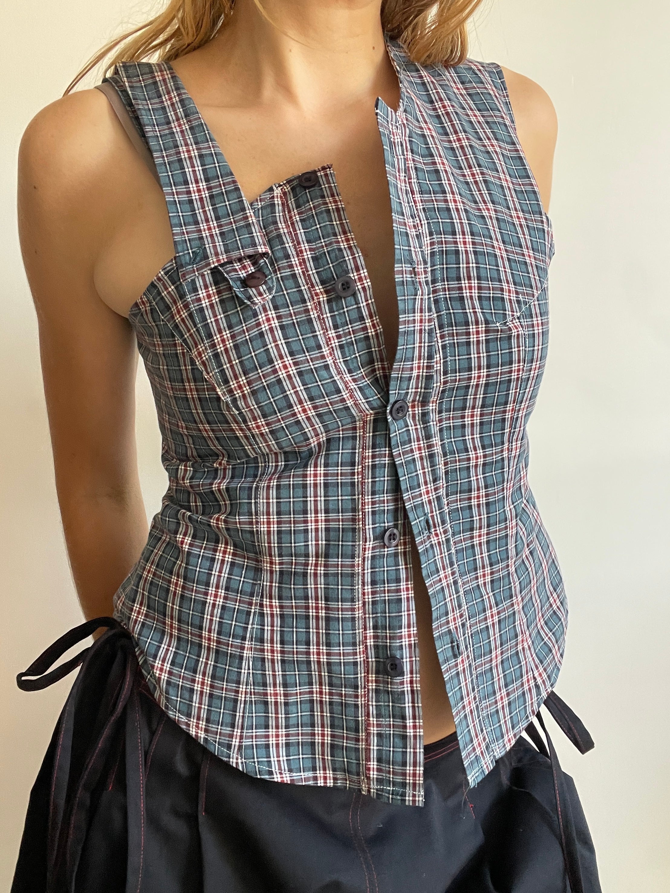 reworked one shoulder check button up tank with removable collar strap