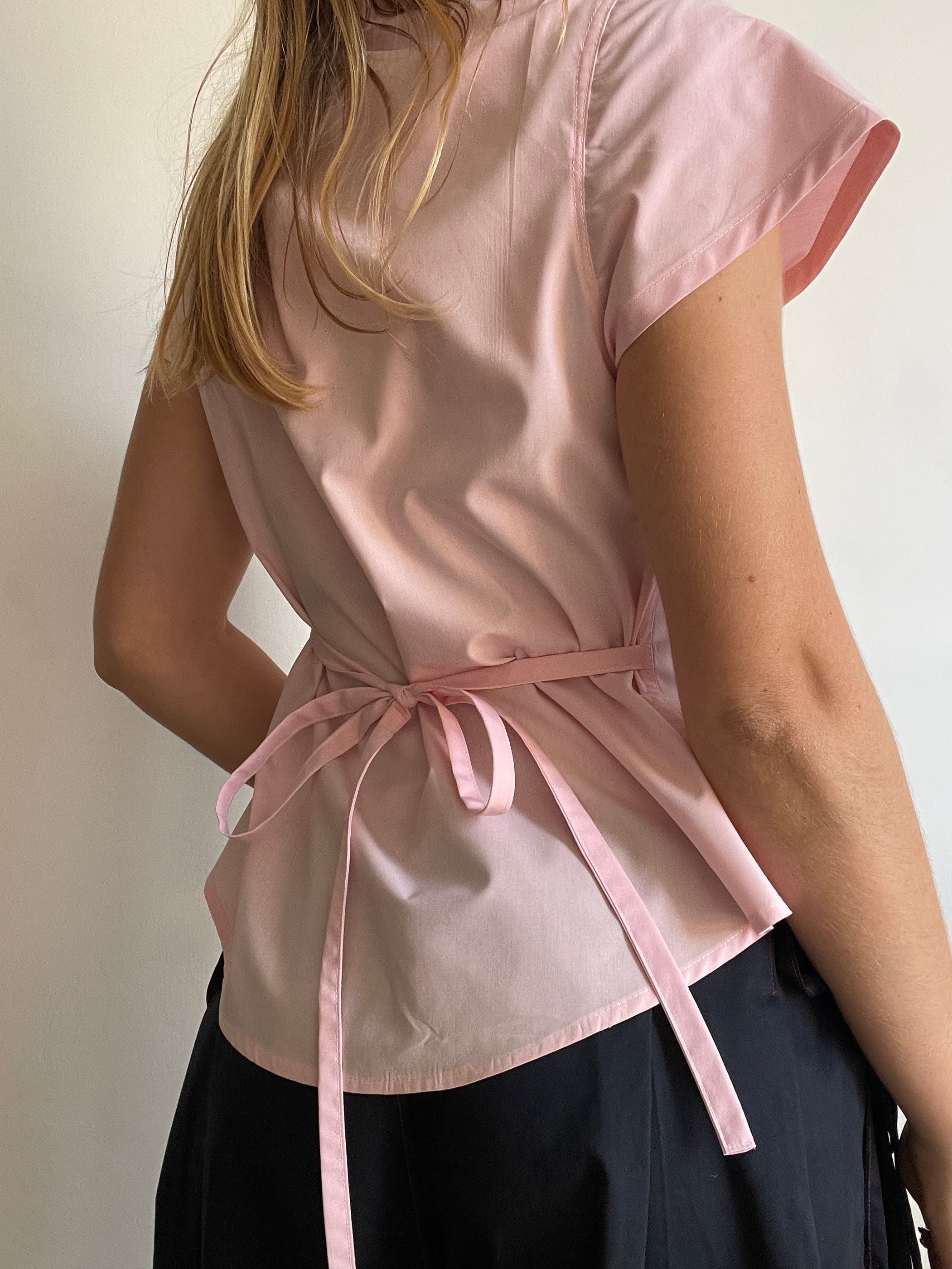 reworked tie back asymmetrical baby pink blouse