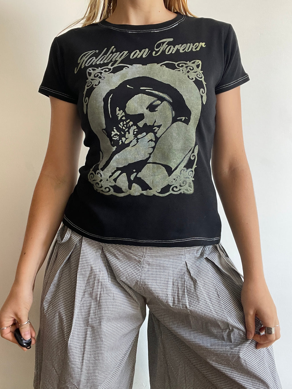 handmade holding on forever silver screenprint baby tee