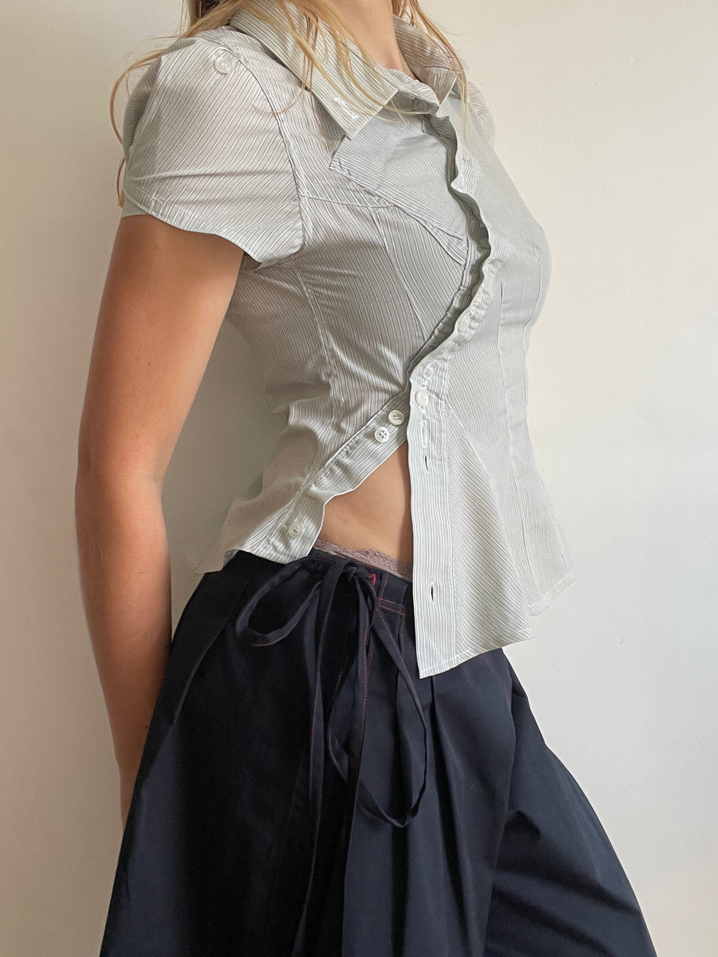 reworked asymmetrical wiggle button blouse