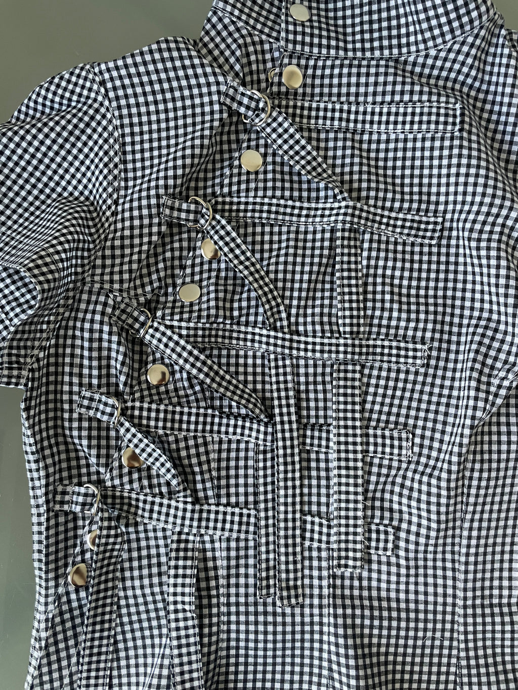 military style buckle asymetrical black gingham shirt