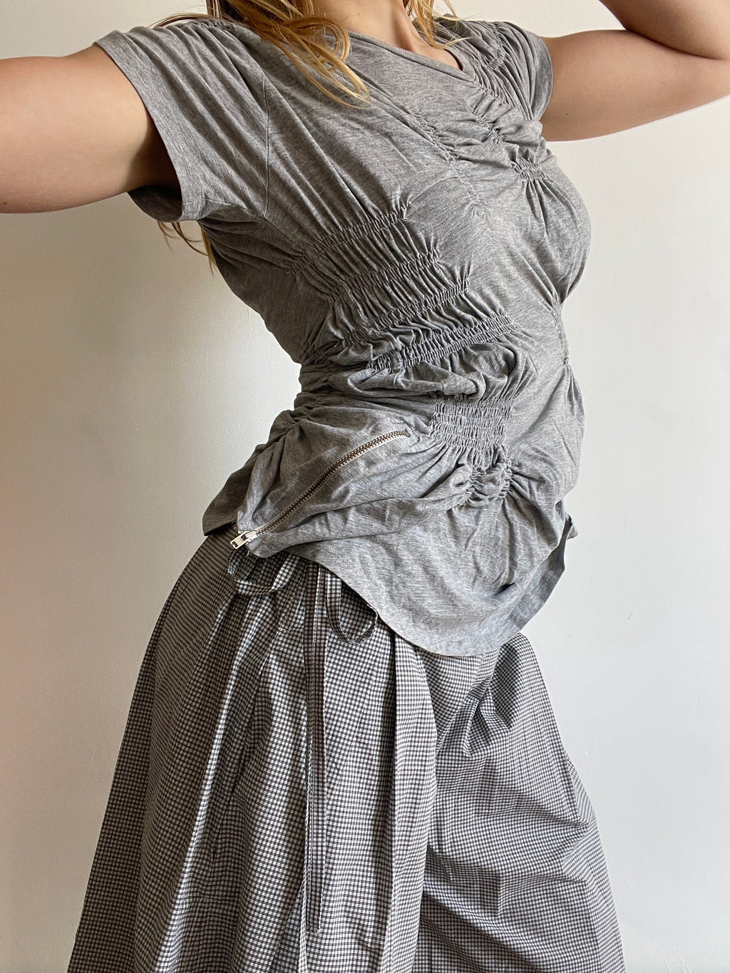 grey reworked elasticated ruched slinky t shirt