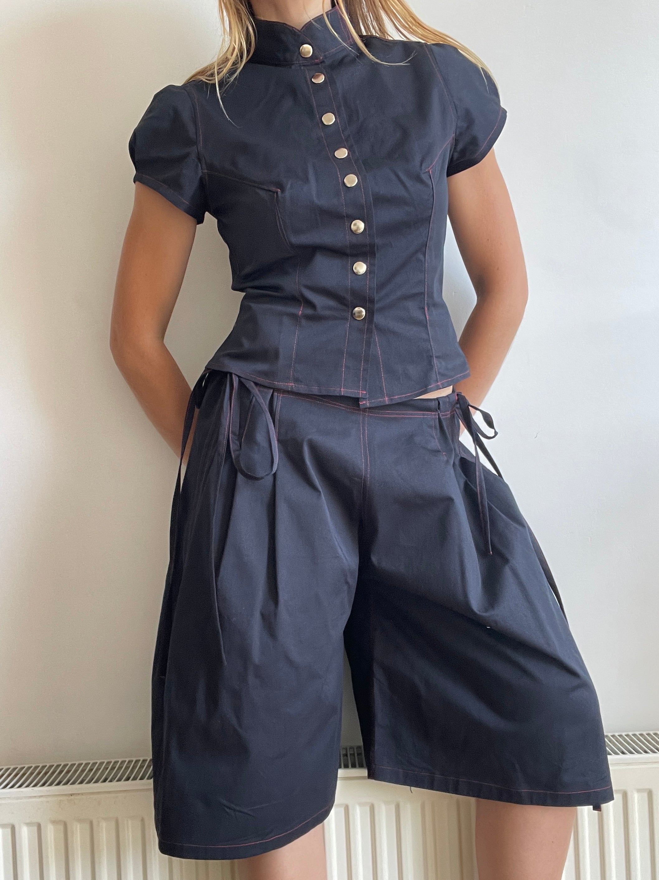 handmade matching set navy stretch baggy shorts and shirt