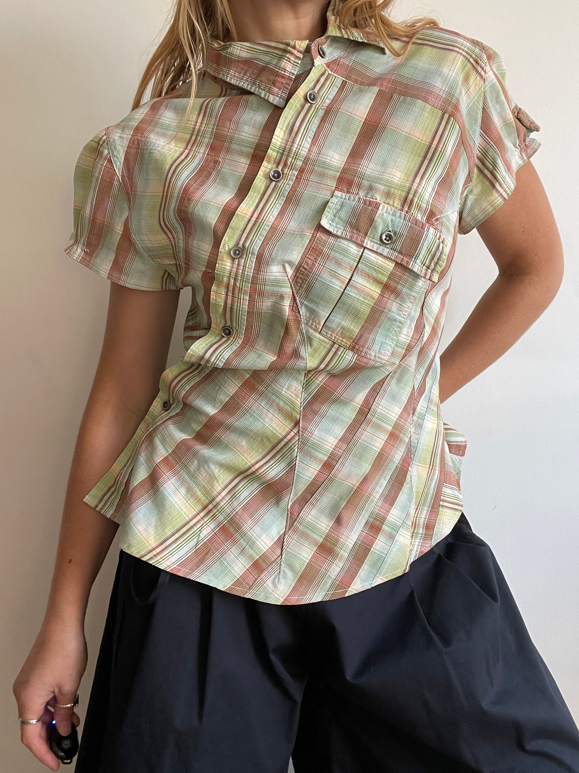 reworked pastel button up asymetrical shirt