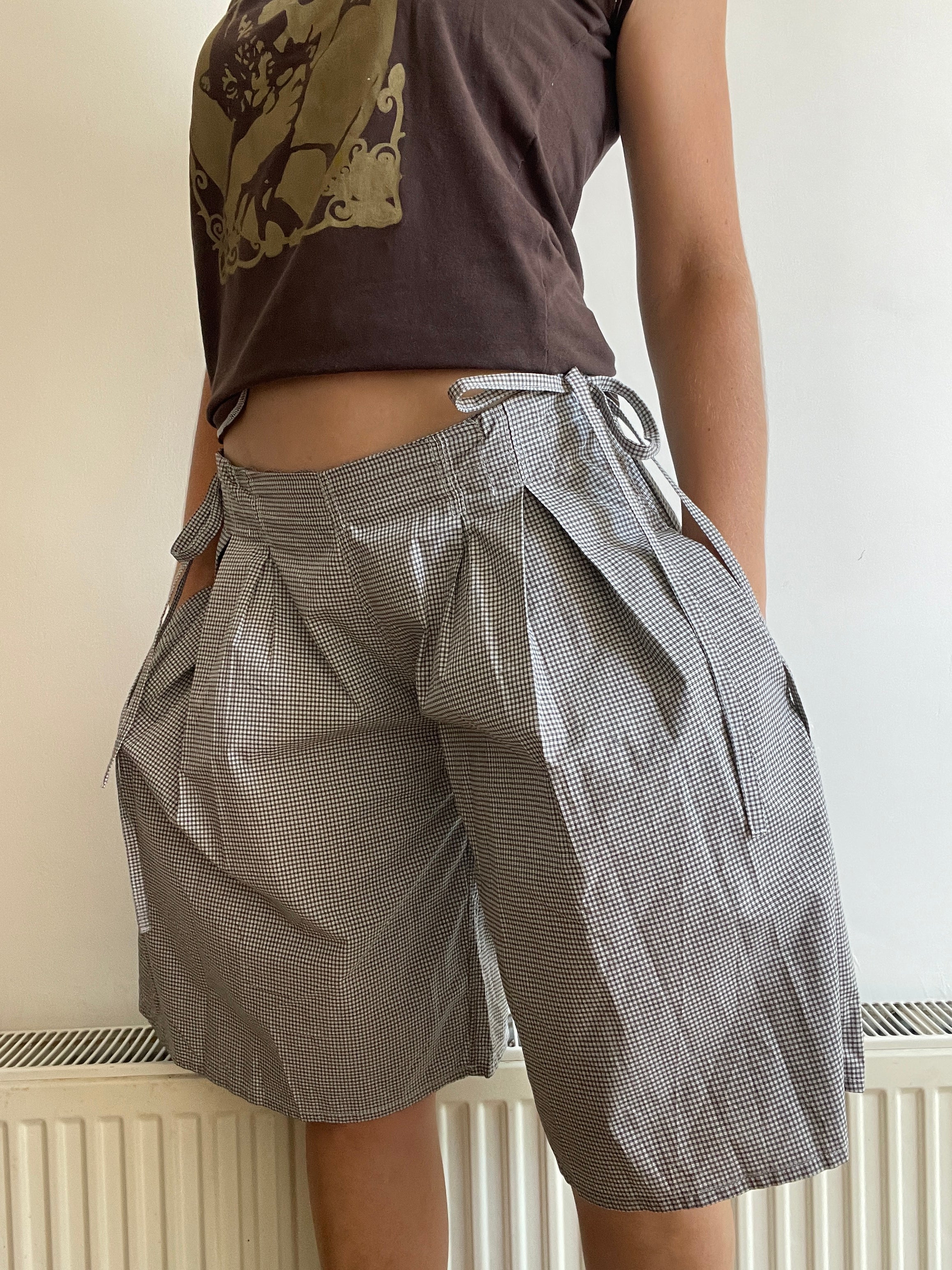 handmade pleated grey black check baggy shorts with pockets