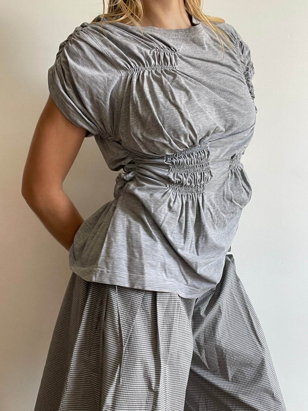 reworked grey tee with ruched slinky gathered details