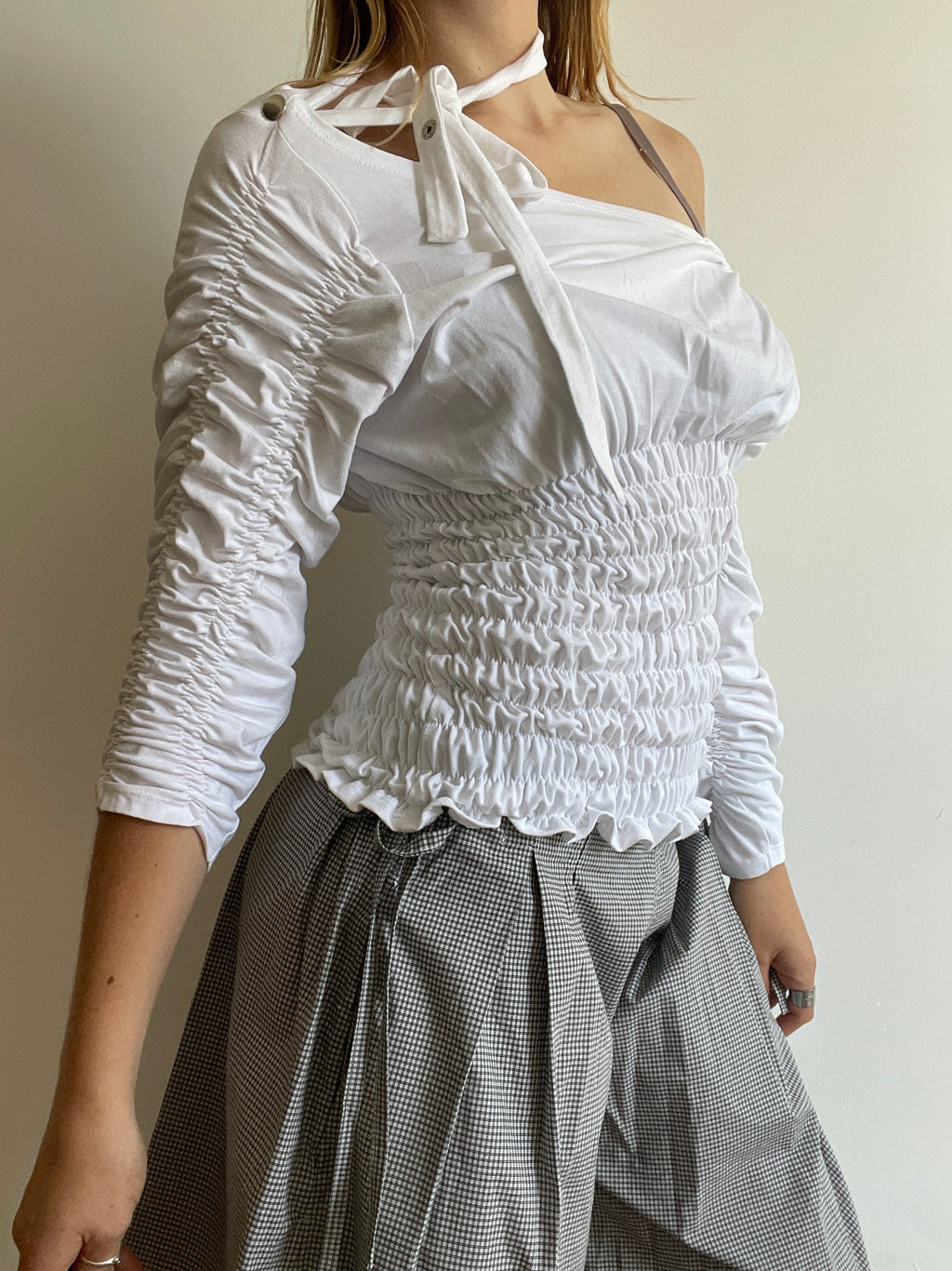 handmade ruched bubble off the shoulder top with neck tie