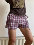 handmade tartan shorts with ties in vintage purple check fabric